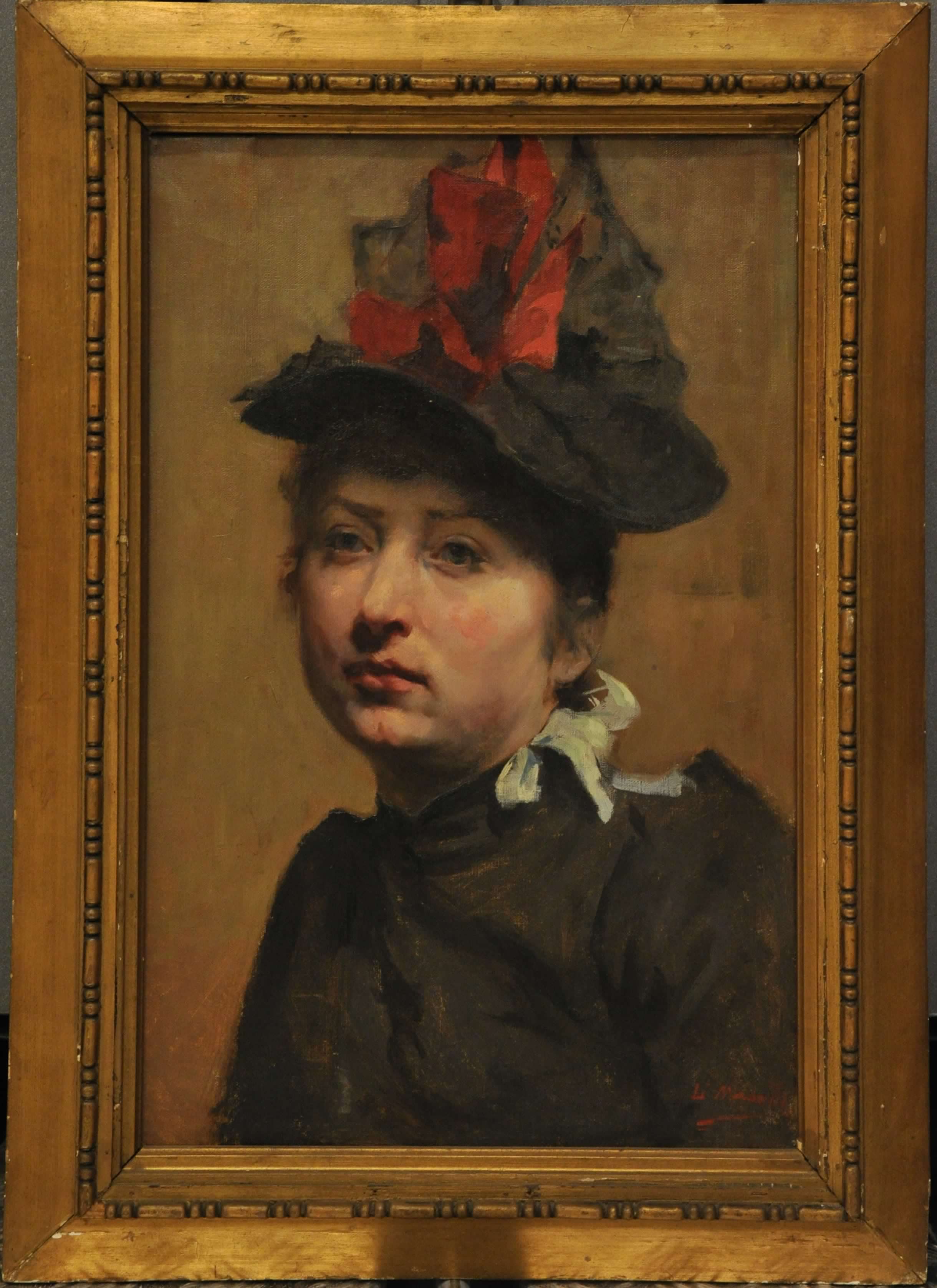 Ritratto di signora con cappello, busto ritratto femminile con cappello (dipinto, opera isolata) di Masotti Luigi (sec. XIX)