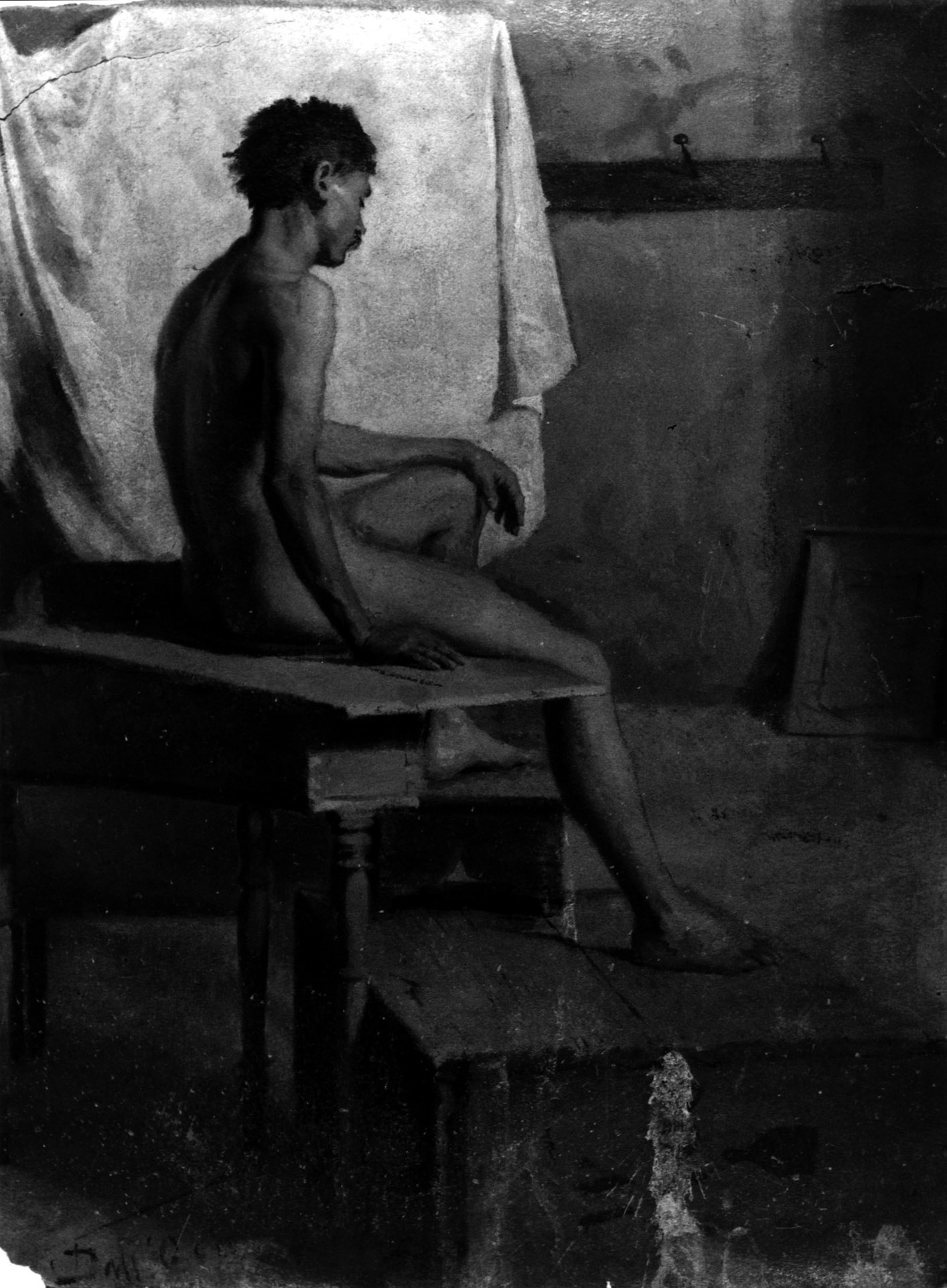 Nudo d'accademia, figura di giovane nudo seduta su un tavolo visto da dietro (dipinto, opera isolata) di Dall'Oca Bianca Angelo (sec. XIX)