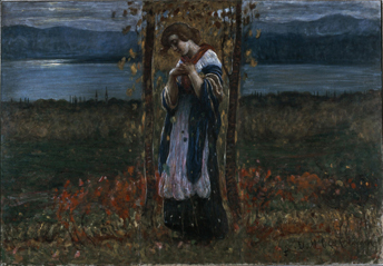 Trittico del lago, figura di donna in piedi con paesaggio lacustre (dipinto, opera isolata) di Dall'Oca Bianca Angelo (sec. XX)