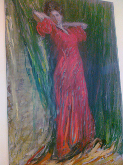 Fanciulla in rosso, figura femminile intera con abito rosso su sfondo verde (schizzo) (dipinto, opera isolata) di Dall'Oca Bianca Angelo (sec. XX)