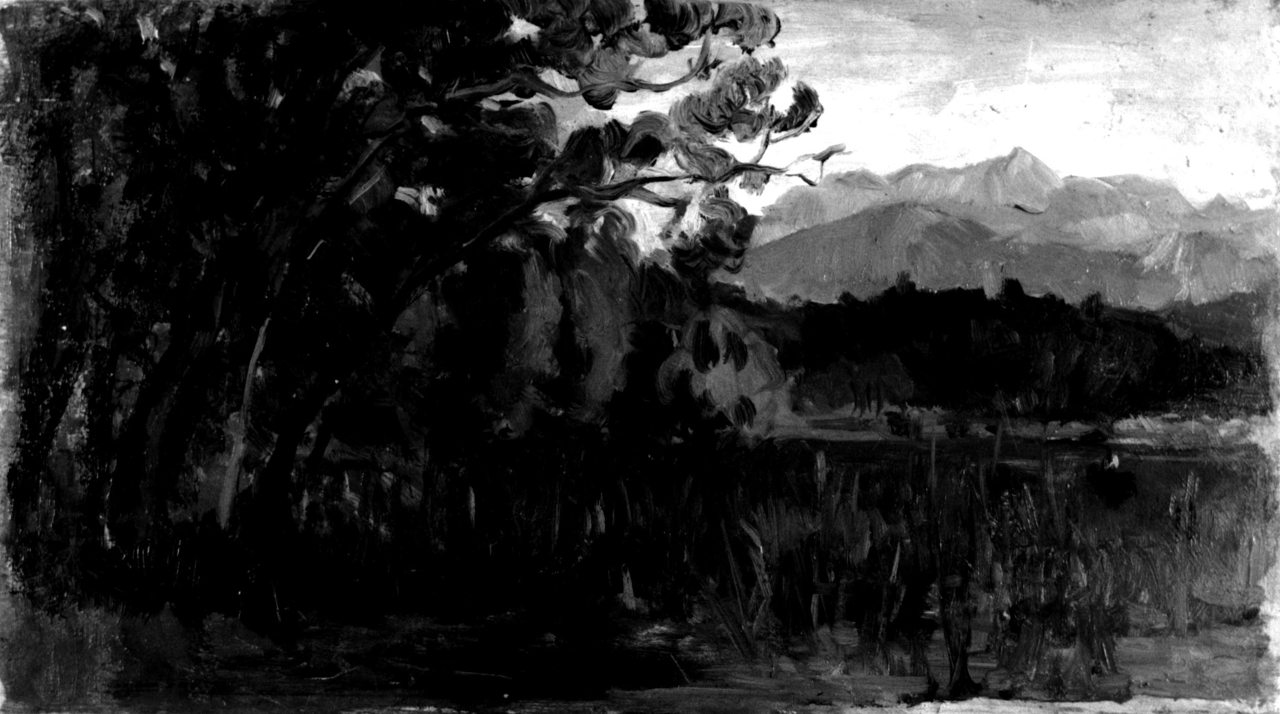 Paese lacustre. Paesaggio sul lago, paesaggio lacustre con canne, alberi, barca e montagne sullo sfondo (dipinto, opera isolata) di Avanzi Vittorio (sec. XIX)