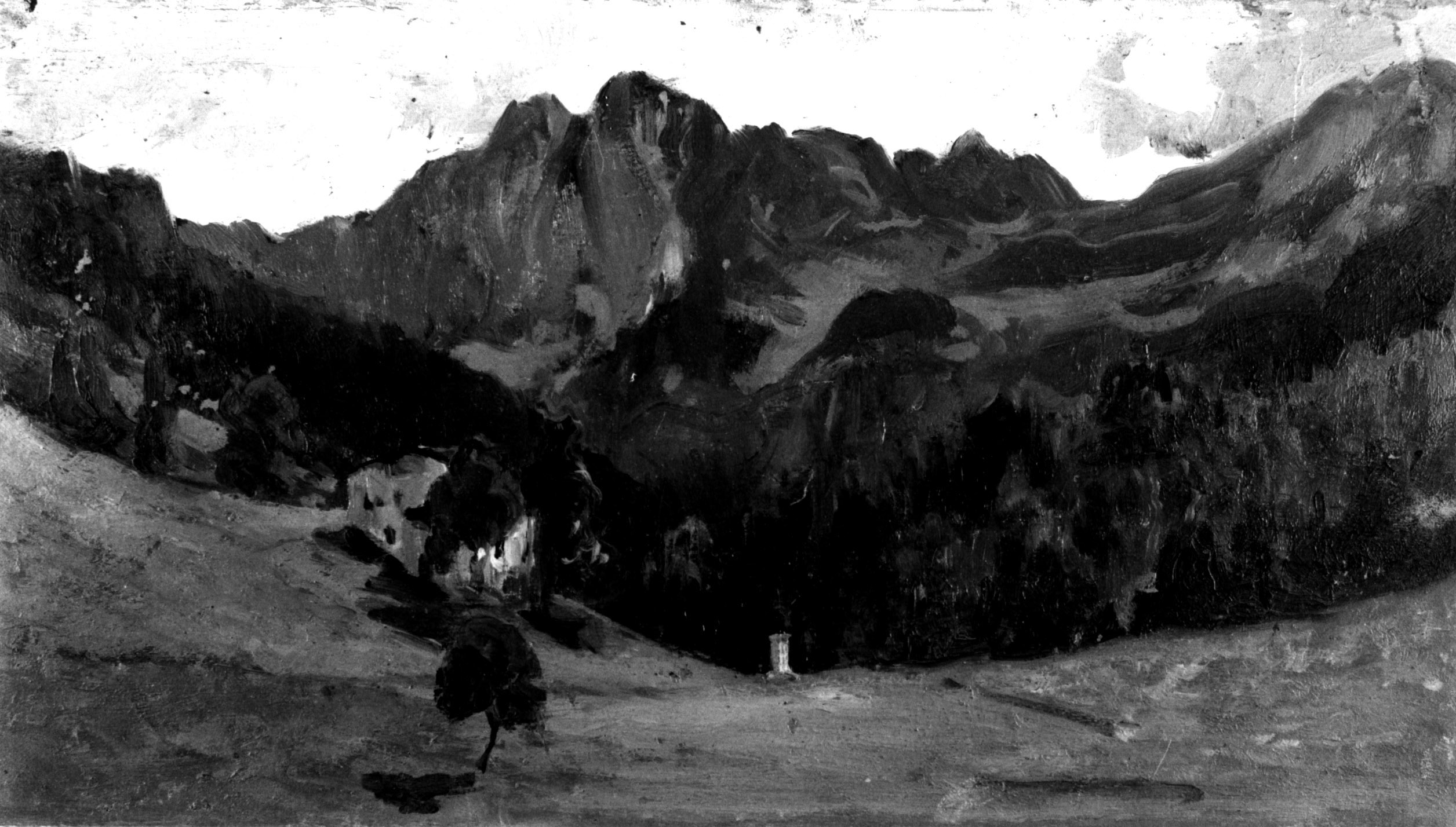 Pascoli alpestri. Vallata, paesaggio montano con casa e boschi (dipinto, opera isolata) di Avanzi Vittorio (sec. XIX)