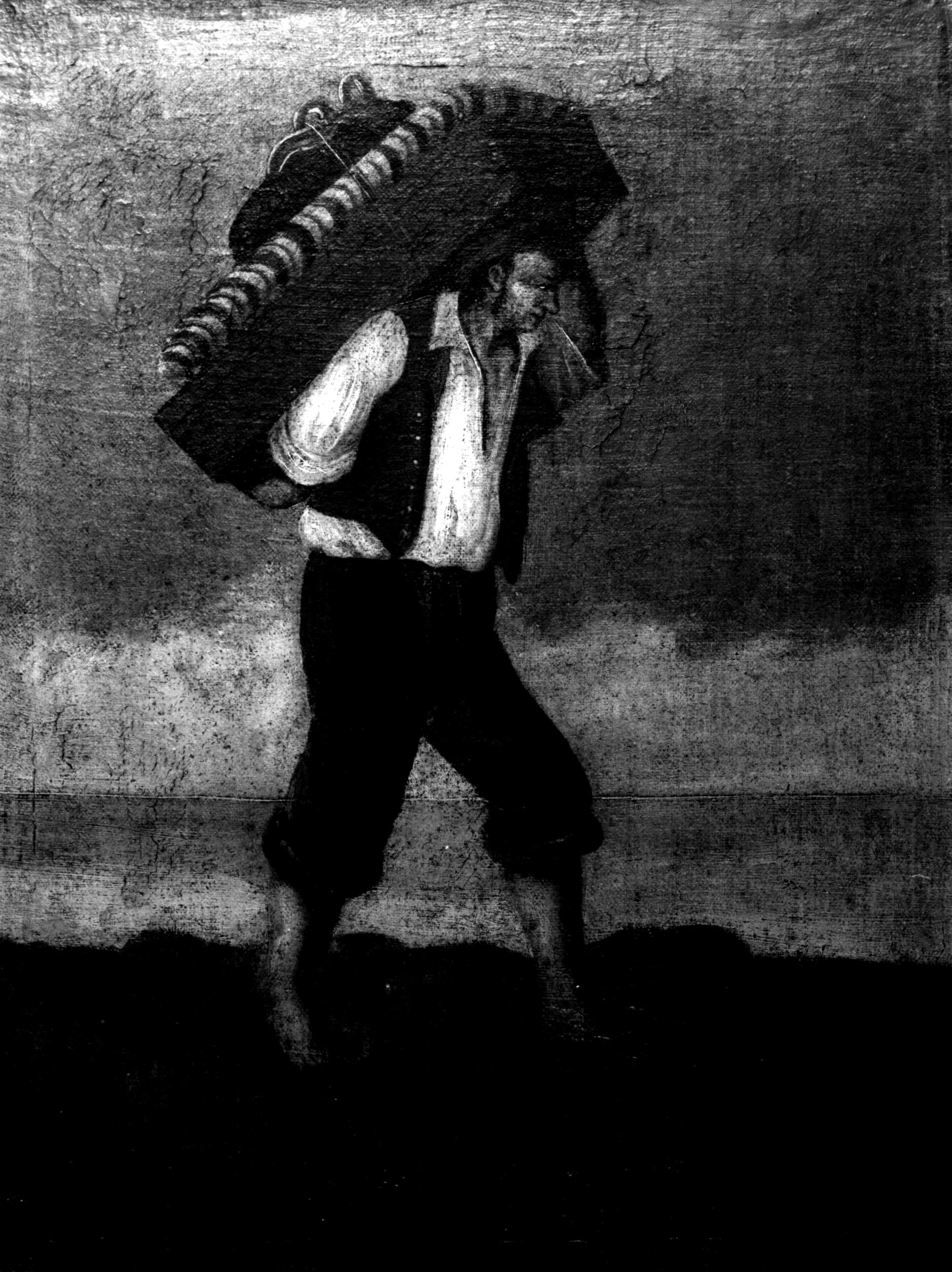 Facchino [Uomo che trasporta una cassa], figura di uomo che trasporta una cassa sulle spalle (dipinto, opera isolata) di autore ignoto (sec. XIX)