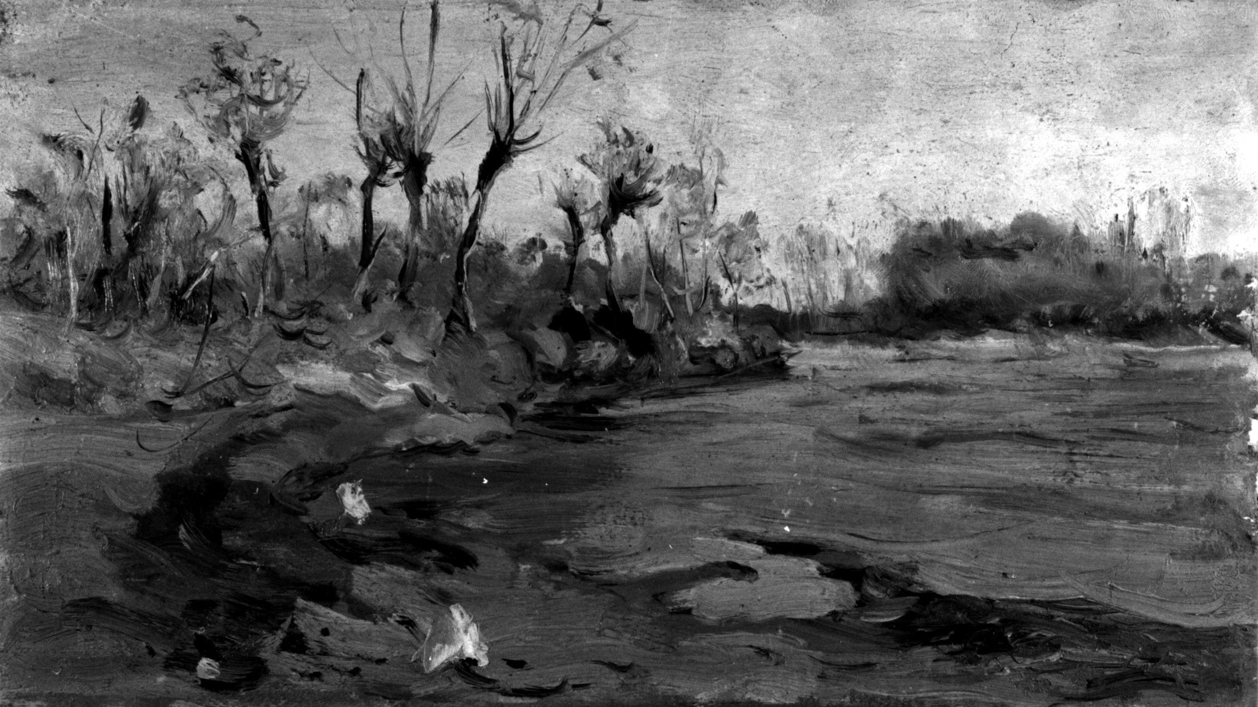 In riva all’Adige. Curva del Pestrino, paesaggio con ansa del fiume e alberi (dipinto, opera isolata) di Avanzi Vittorio (sec. XIX)