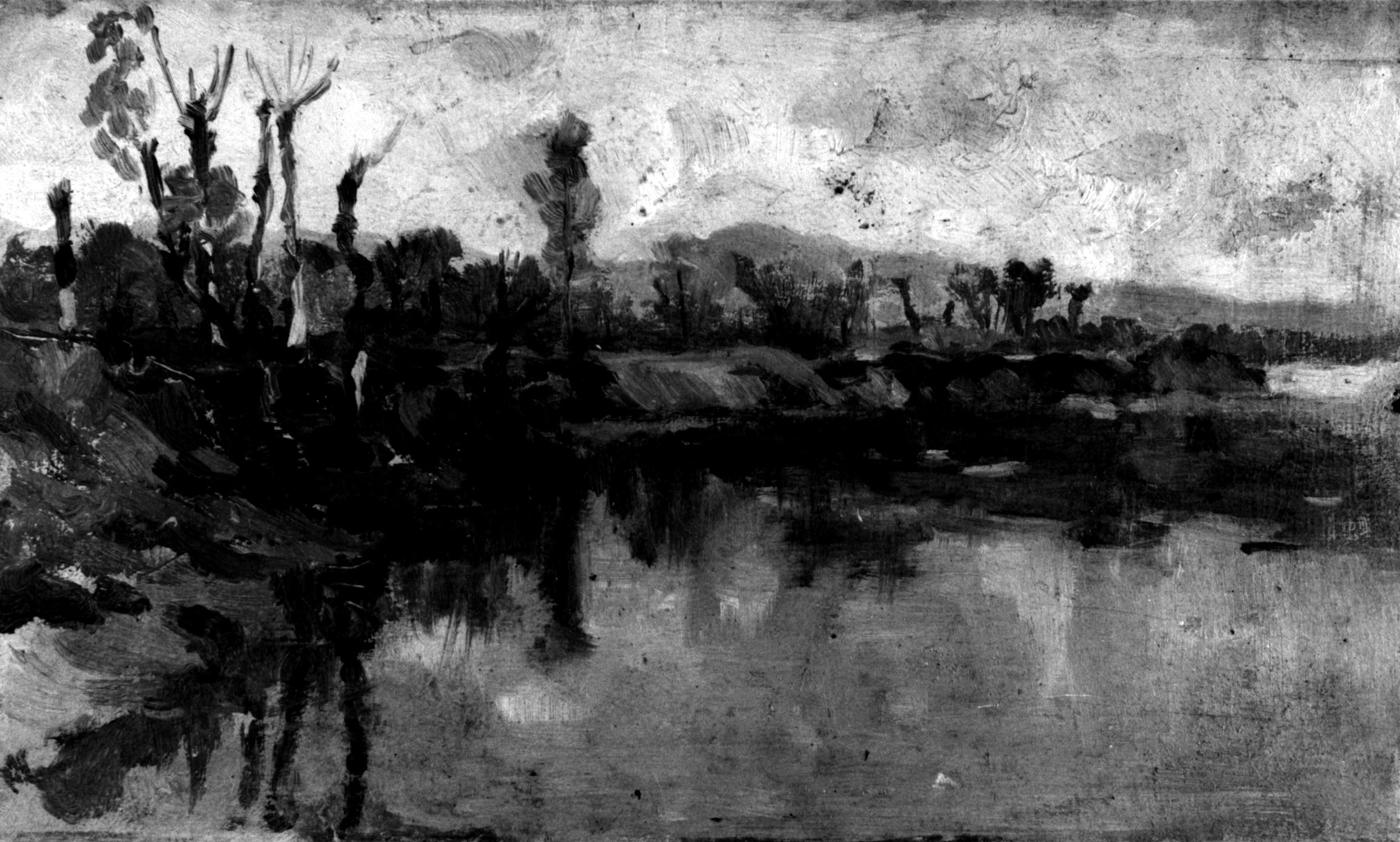 Alberi sul lago. Fiume, paesaggio con laghetto con ciglio terroso e alberi (dipinto, opera isolata) di Avanzi Vittorio (sec. XIX)
