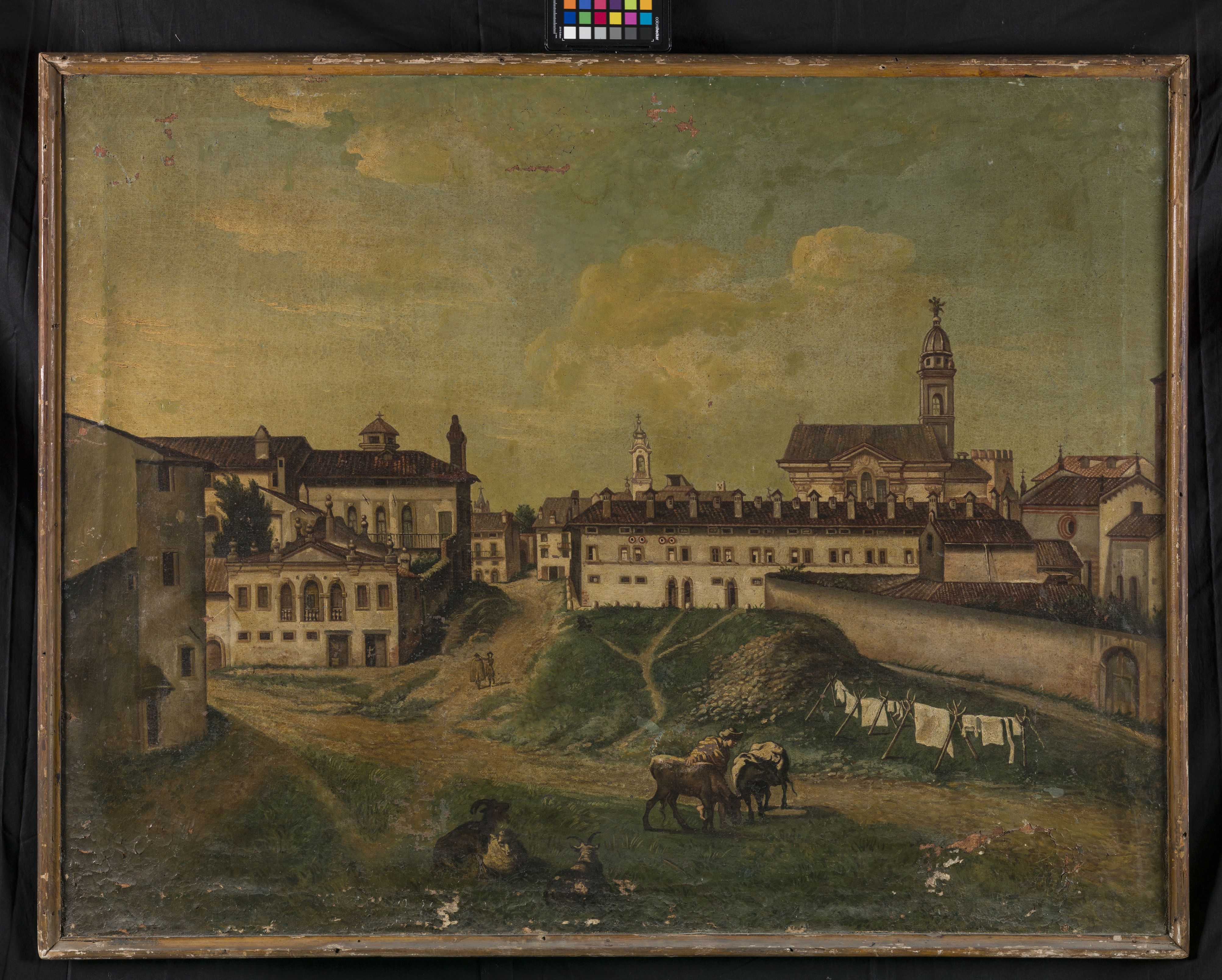 Piazza Cittadella a Verona, veduta con case e contadino con due mucche e pecore in primo piano (dipinto, opera isolata) di autore ignoto (sec. XIX)
