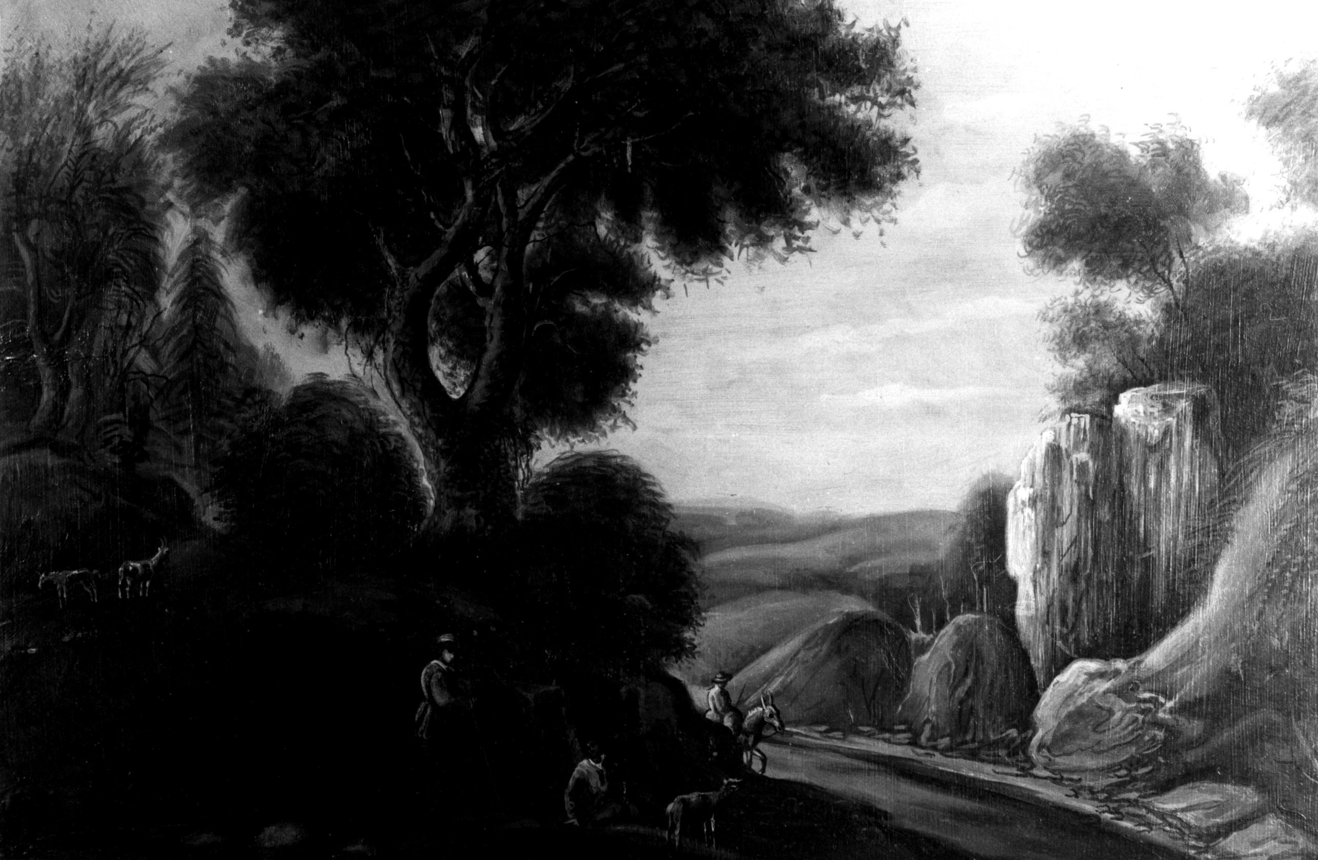 Paesaggio con capre e pastori, paesaggio con un pastore a cavallo di un asino, due pastori e tre capre (dipinto, opera isolata) di autore ignoto (sec. XIX)