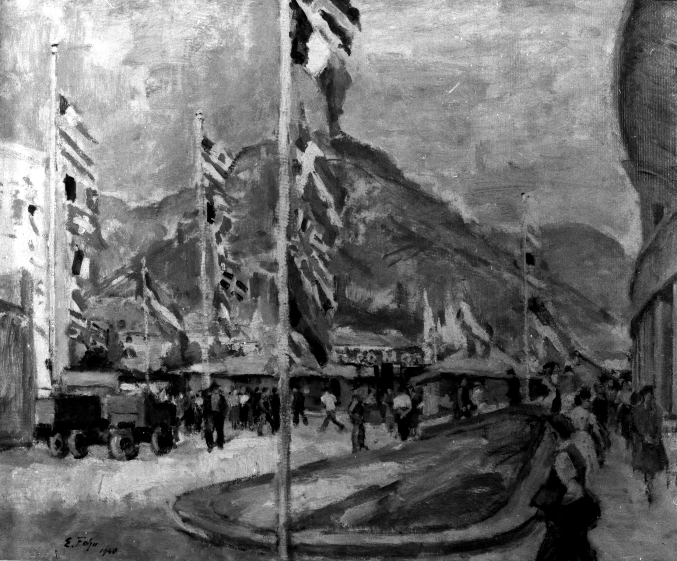 Alla fiera di Bolzano, veduta della piazza di Bolzano (dipinto, opera isolata) di Fohn Emanuel (sec. XX)