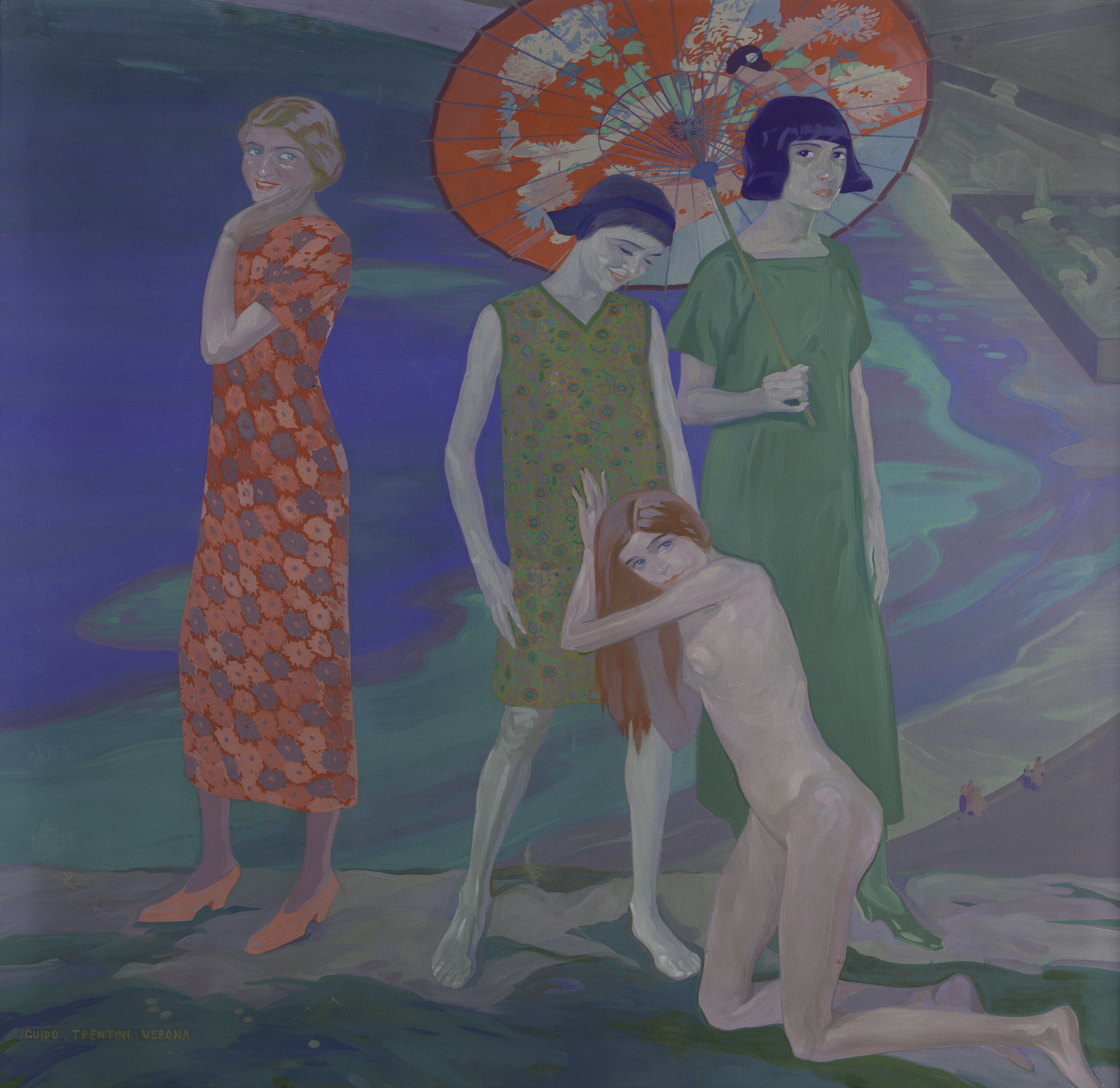 Le perle del lago, quattro giovani figure femminili (dipinto, opera isolata) di Trentini Guido (sec. XX)