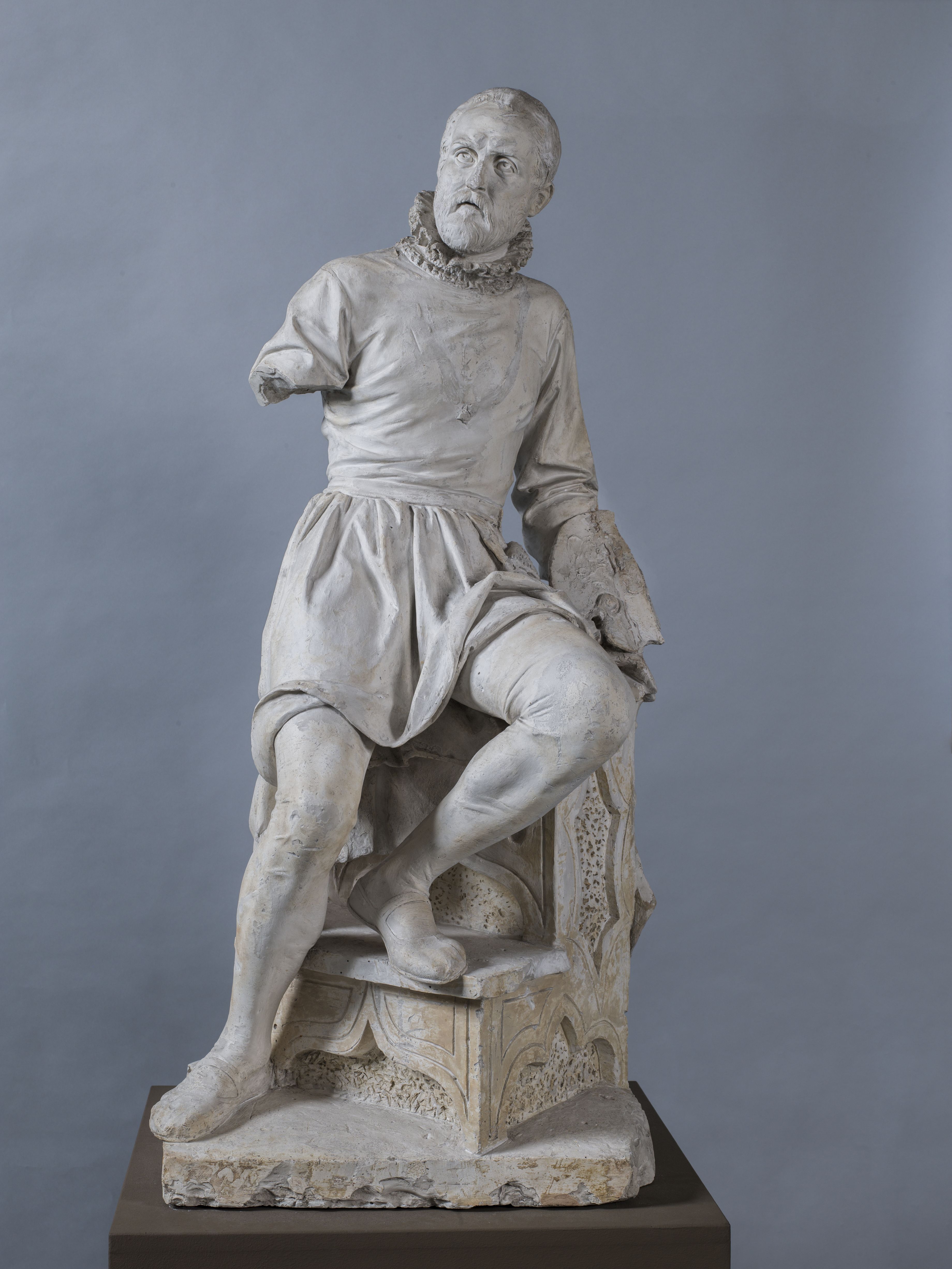 Paolo Veronese, figura maschile seduta su uno sgabello (scultura, opera isolata) di Della Torre Torquato (sec. XIX)