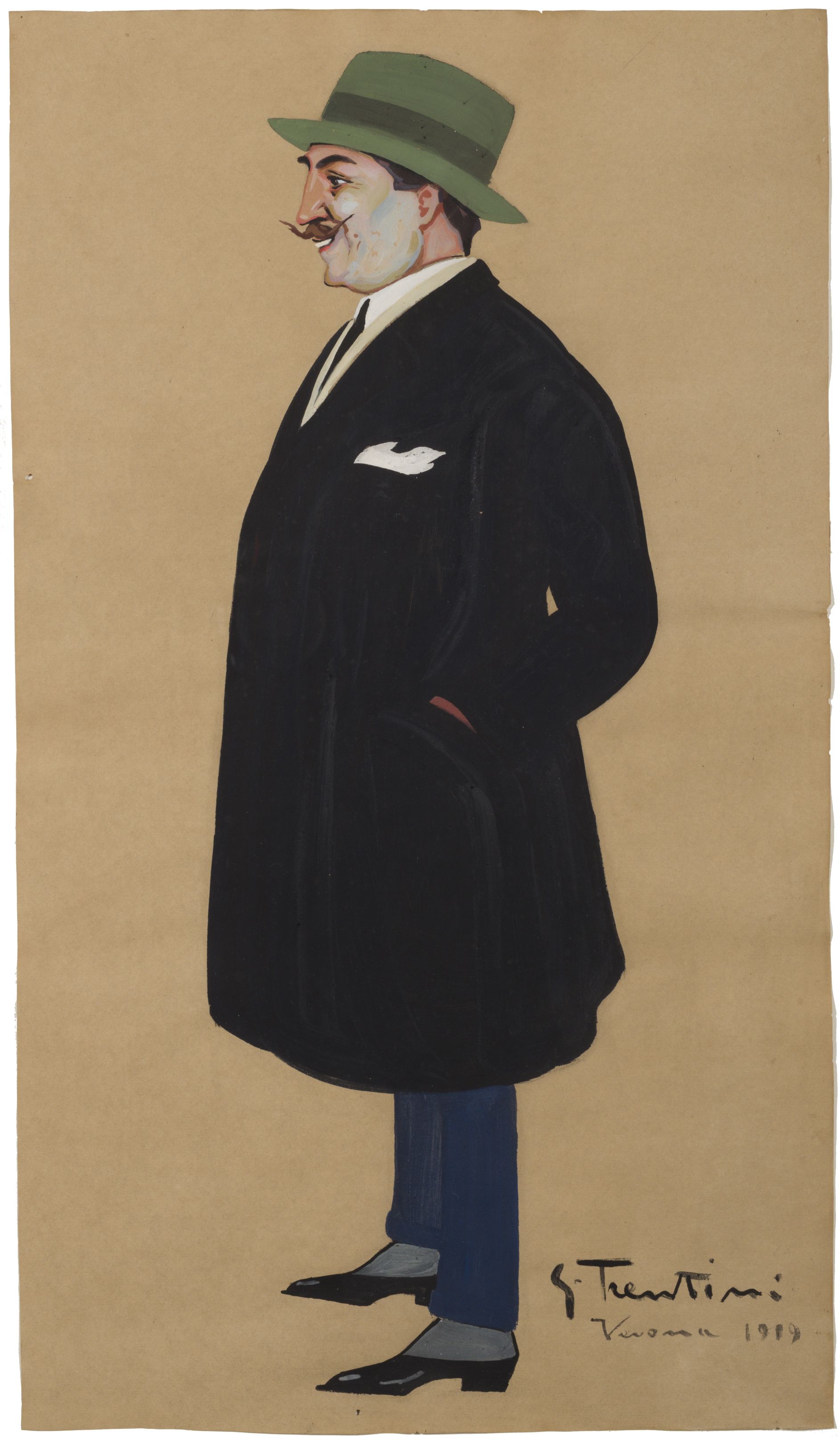 Caricatura d’uomo con cappello verde [Ritratto di uomo con cappello verde], figura maschile intera di profilo (dipinto, opera isolata) di Trentini Guido (sec. XX)