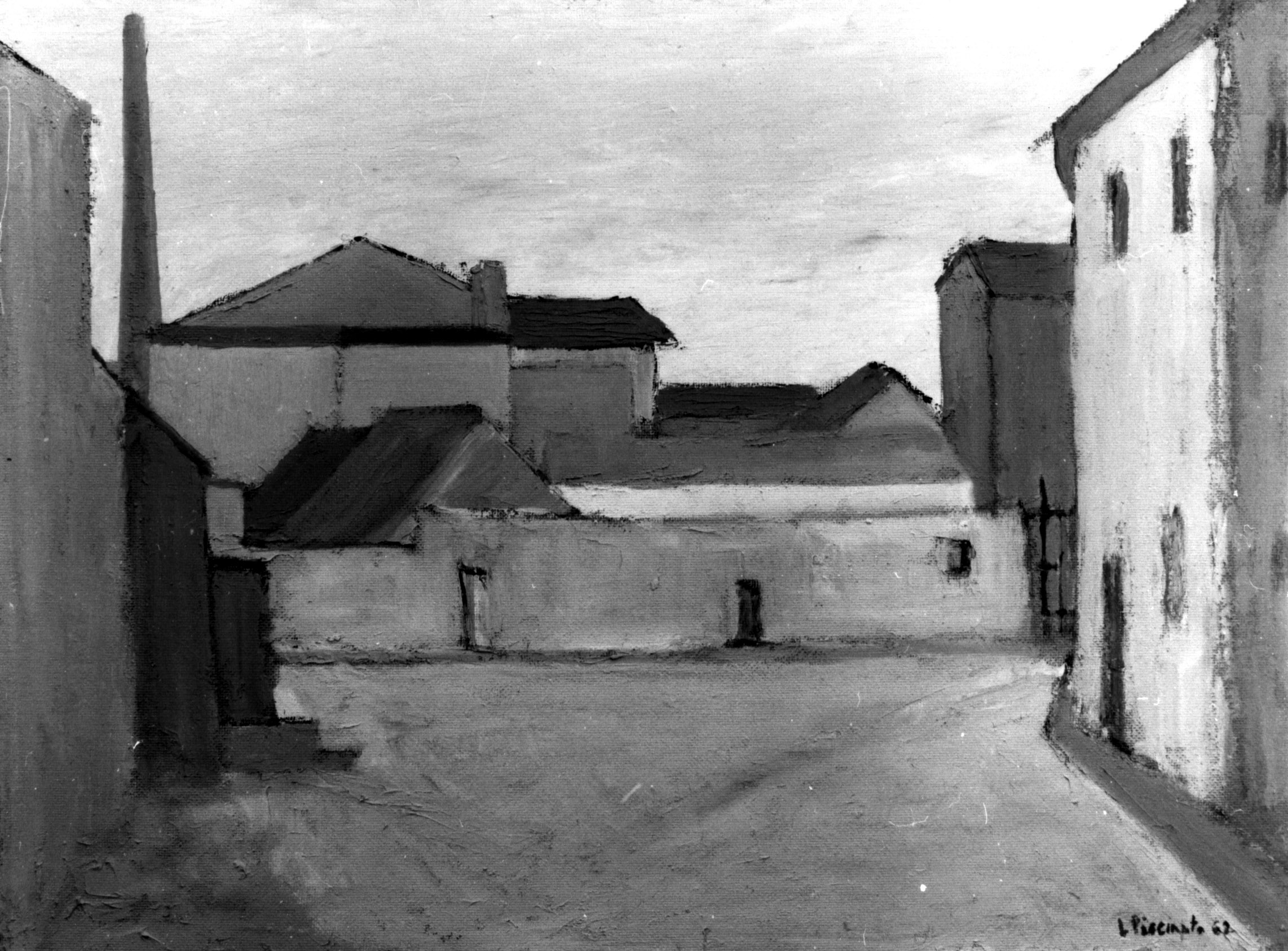 Case e officine, veduta di strada con case e officine (dipinto, opera isolata) di Piccinato Luigi (sec. XX)