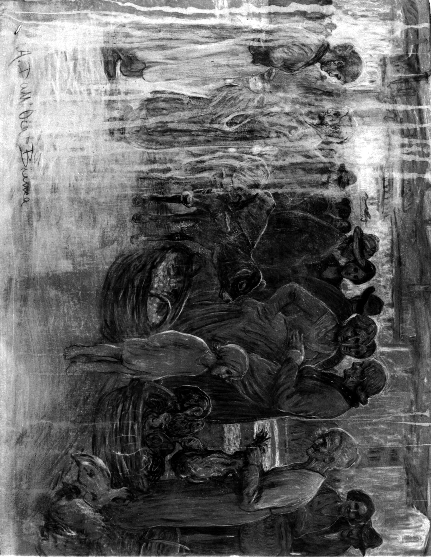 Il mercato a Caprino, scena di mercato in strada con figure e animali (dipinto, opera isolata) di Dall'Oca Bianca Angelo (sec. XX)