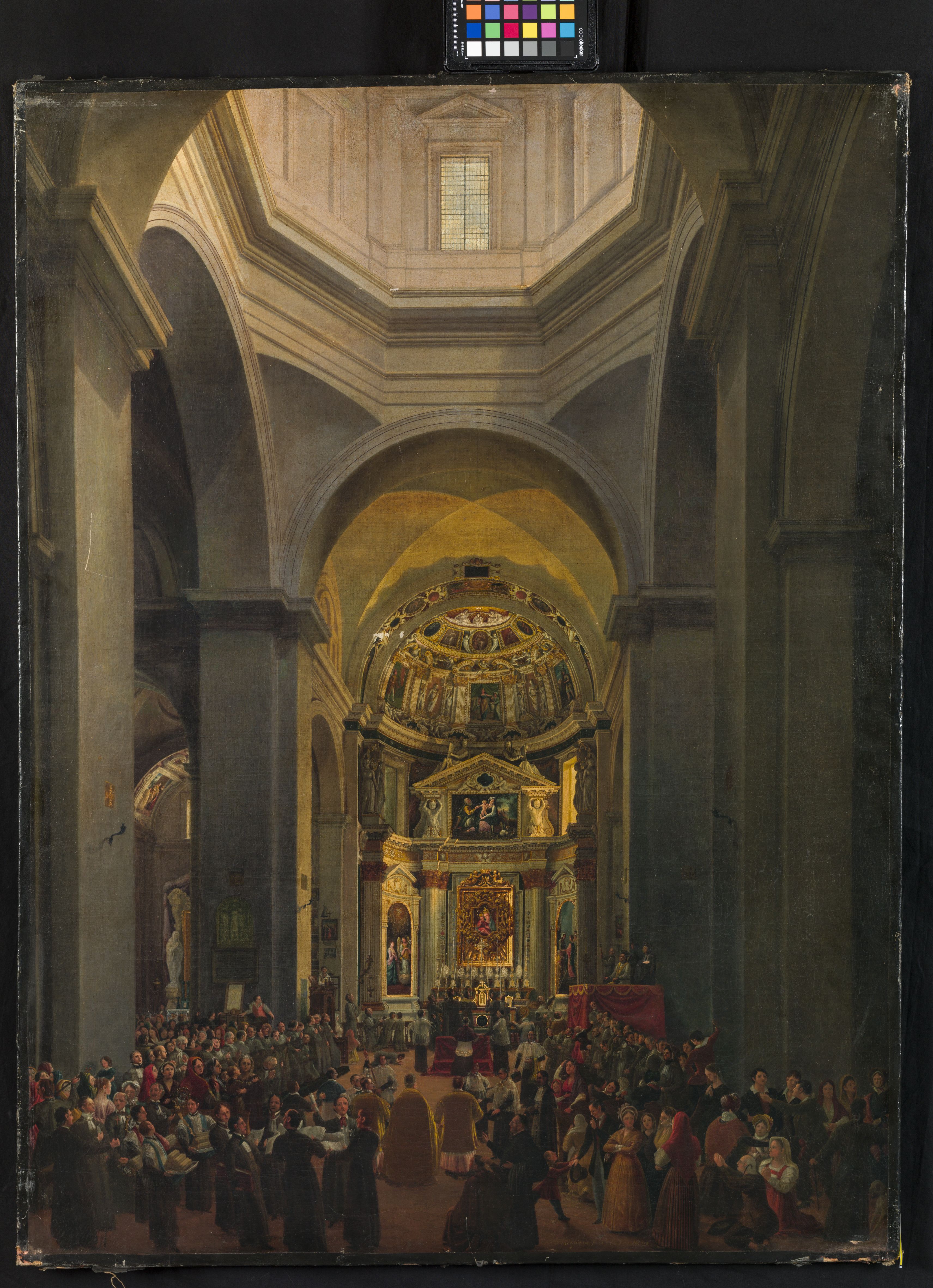 Interno di Santa Maria della Passione a Milano, interno di chiesa con molte figure (dipinto, opera isolata) di Migliara Giovanni (sec. XIX)