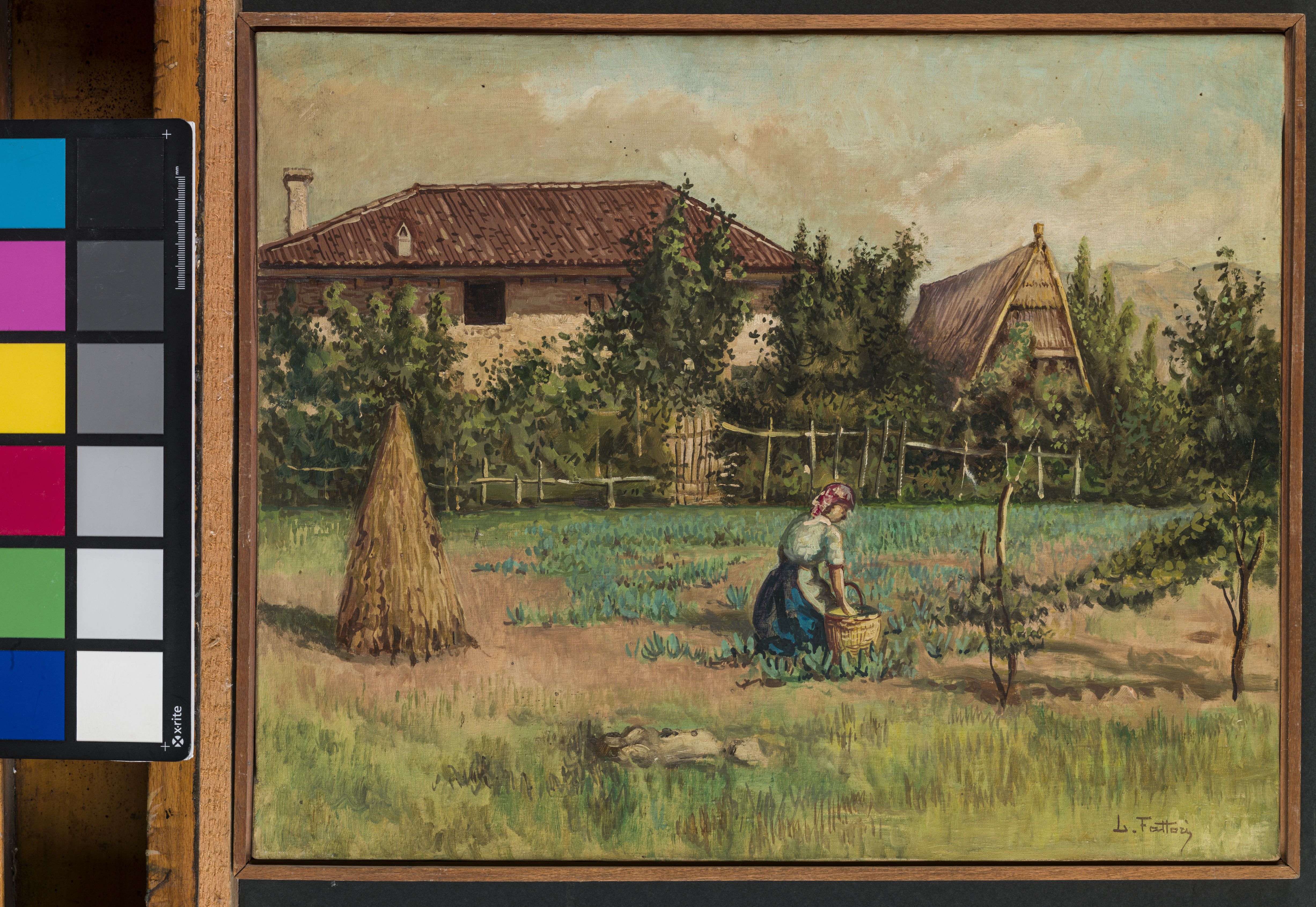 Paesaggio, figura femminile nell'orto e veduta di casa e fienile (dipinto, opera isolata) di Fattori L (sec. XX)