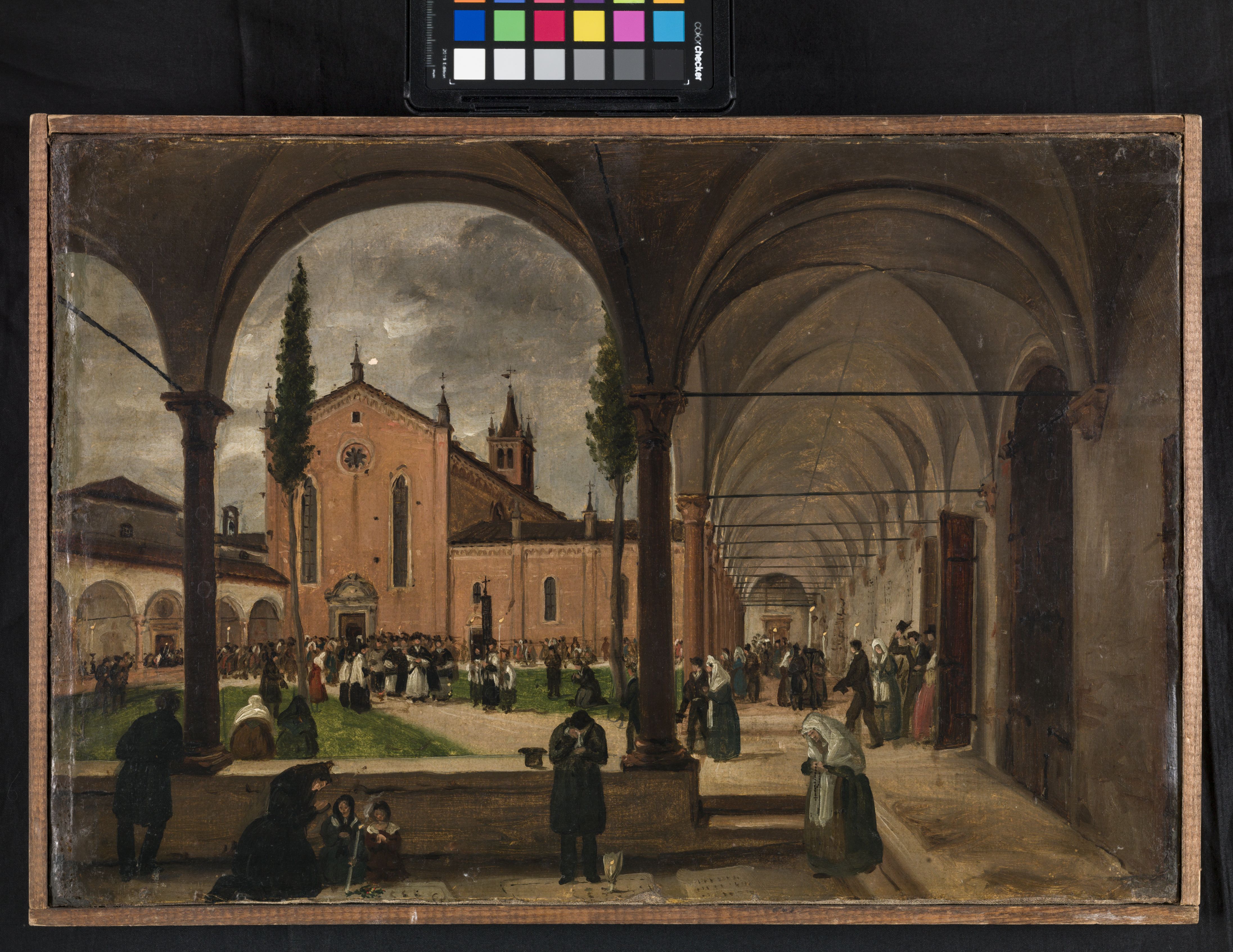 Il chiostro di San Bernardino nel giorno dei morti, veduta di chiostro con processione e abati (dipinto, opera isolata) di Canella Carlo (sec. XIX)