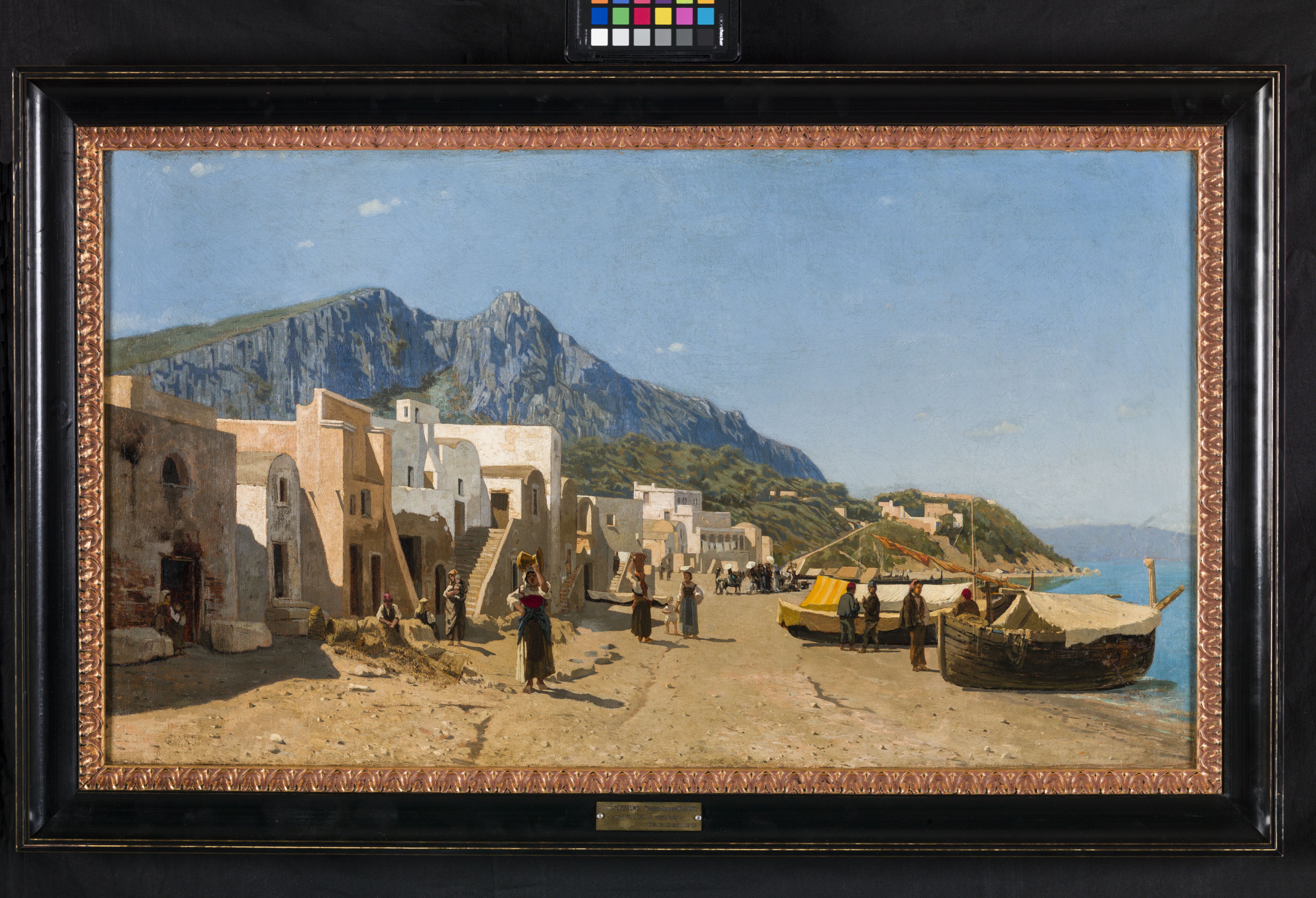 Marina a Capri, marina con barche, spiaggia e case (dipinto, opera isolata) di Ciardi Guglielmo (sec. XIX)