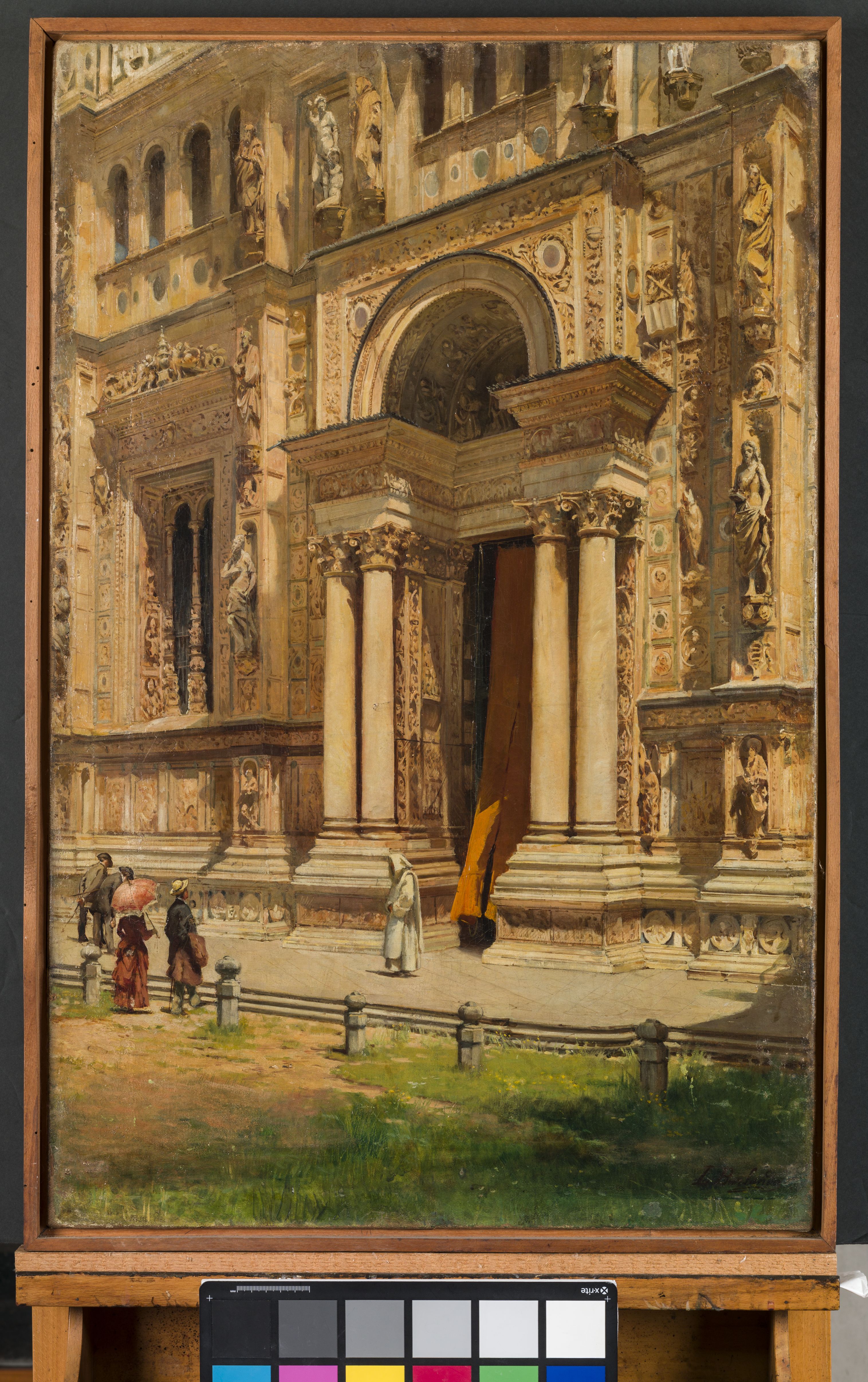 La Certosa di Pavia, veduta della facciata della Certosa di Pavia e cinque figure (dipinto, opera isolata) di Burlando Leopoldo - milanese (sec. XIX)