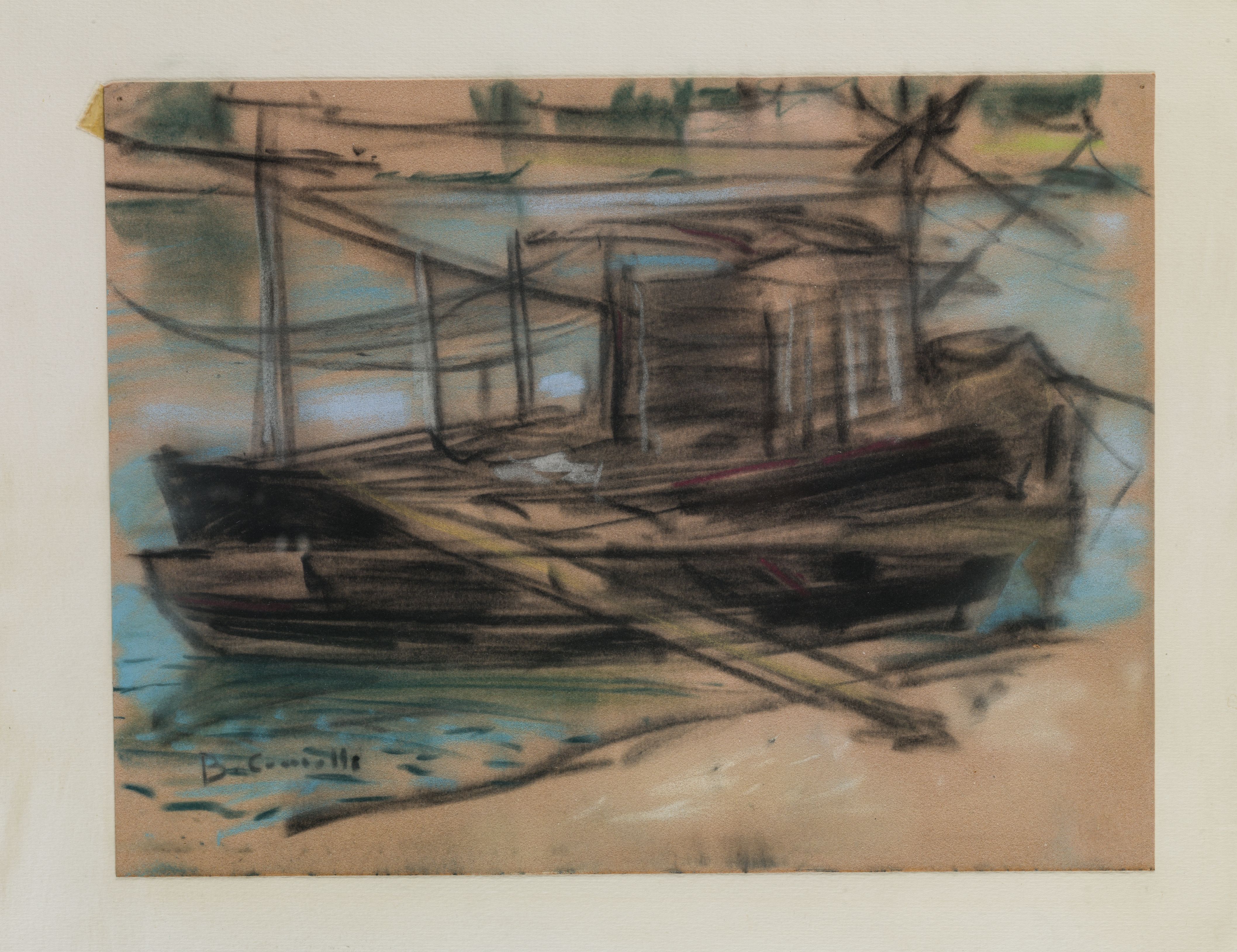 Barche a Porto Garibaldi, marina con barche (dipinto, opera isolata) di Camolli Biancarosa (sec. XX)