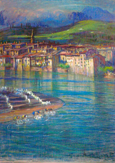 Casette di Santo Stefano, veduta di fiume con case e lavandaie (dipinto, opera isolata) di Dall'Oca Bianca Angelo (sec. XX)