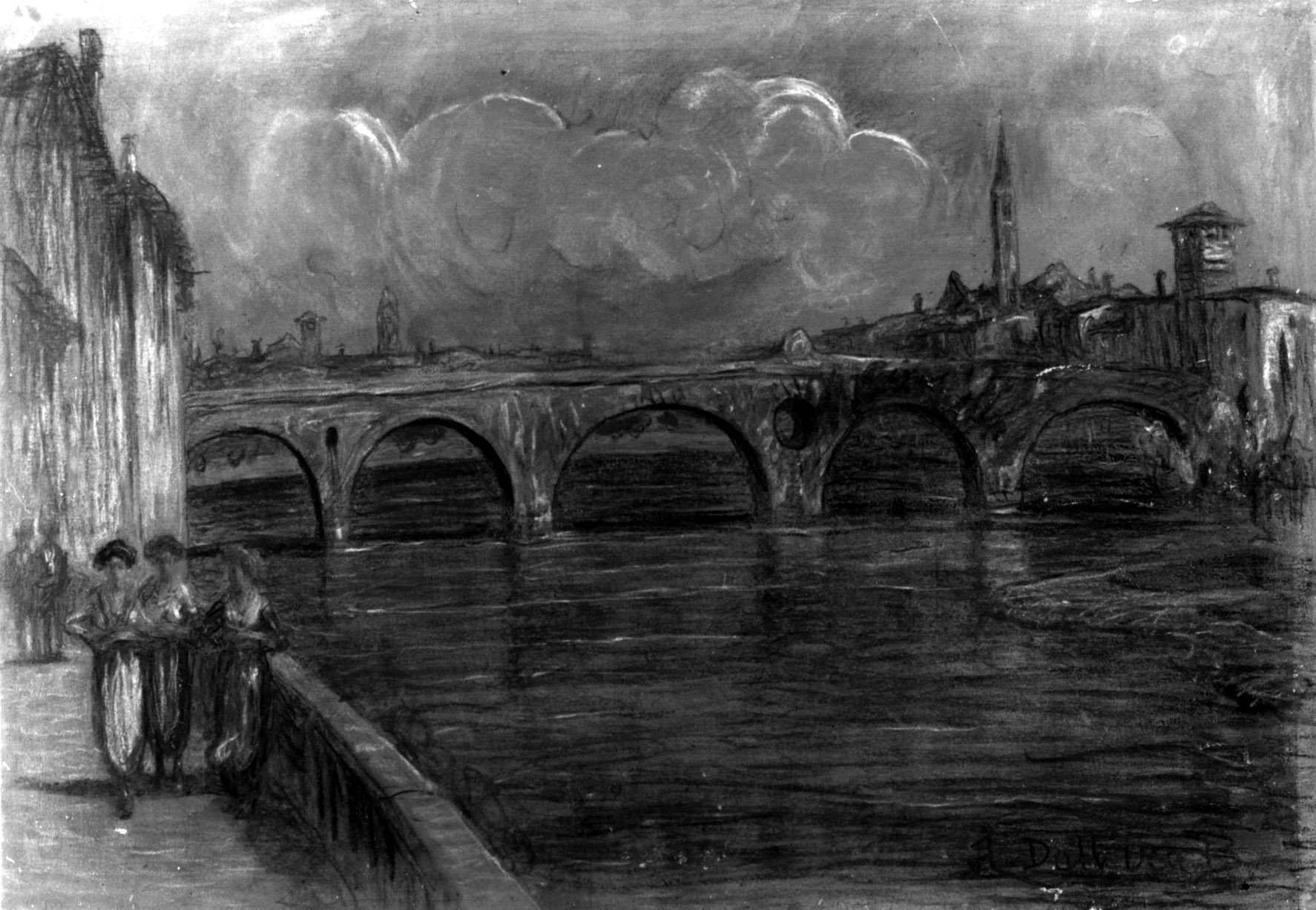 Ponte Pietra, veduta di Verona con ponte Pietra e figure (dipinto, opera isolata) di Dall'Oca Bianca Angelo (sec. XX)