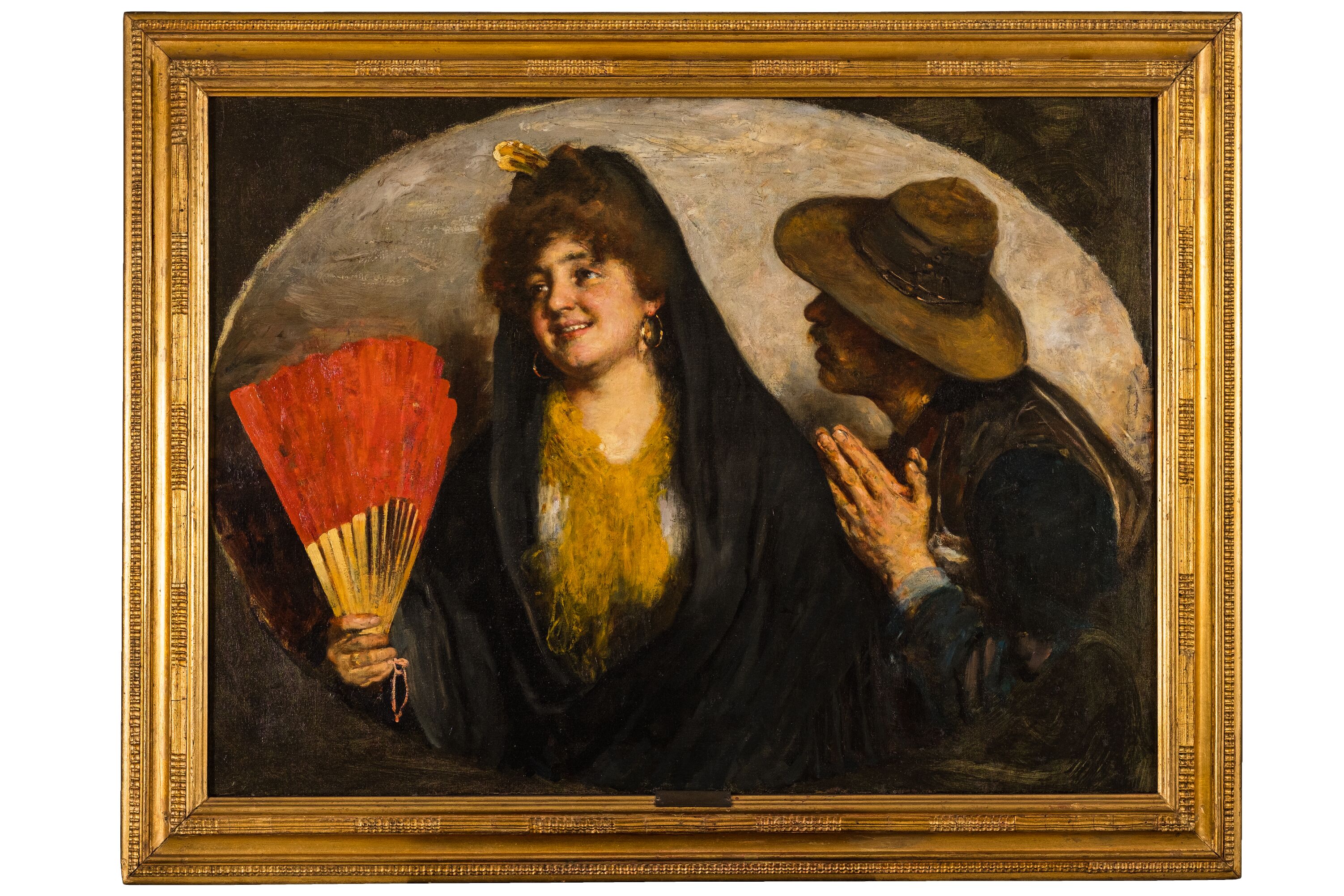Crudele!, figura femminile con ventaglio e pastore con mani giunte (dipinto, opera isolata) di Dall'Oca Bianca Angelo - ambito veronese (sec. XIX)