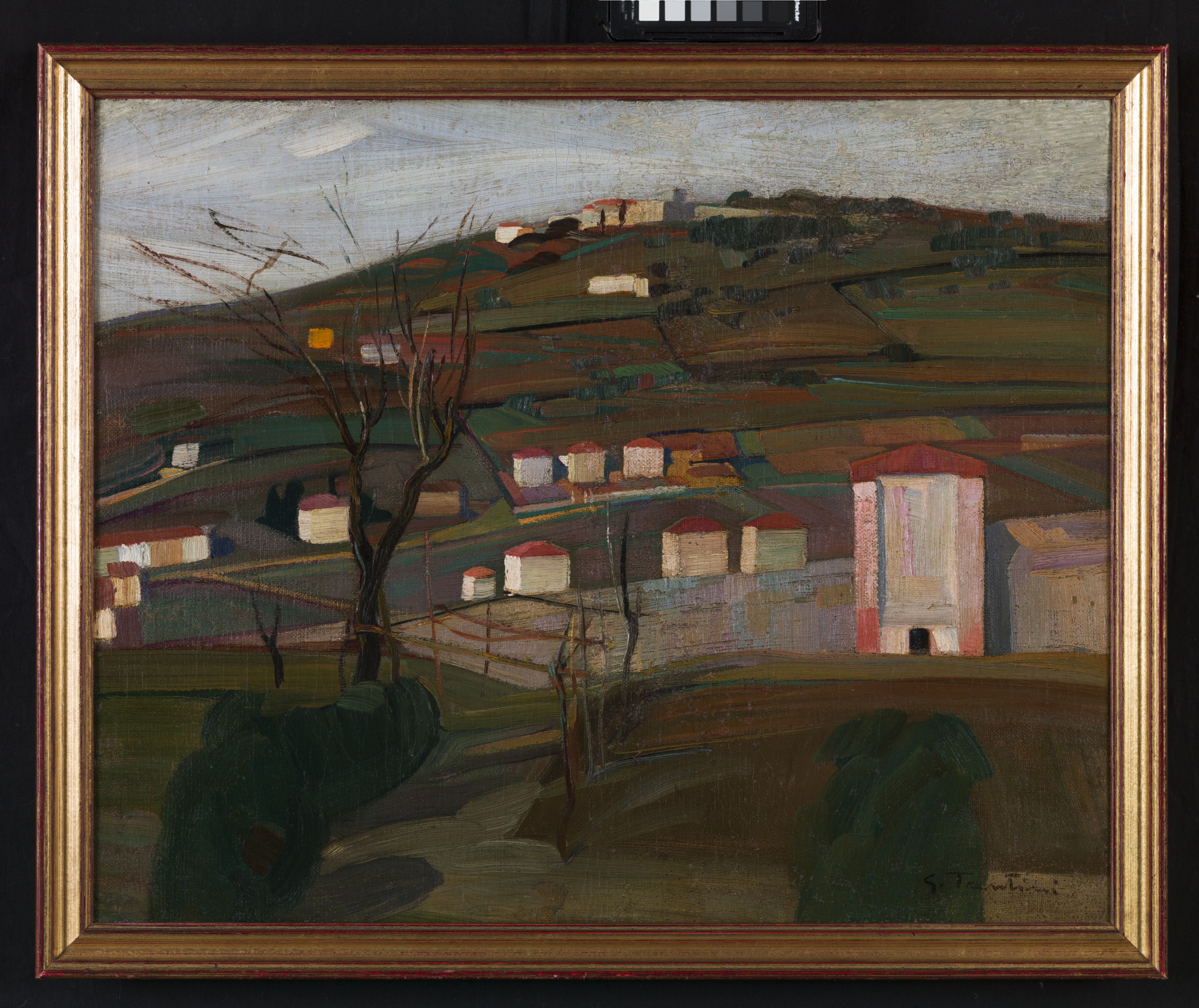 Paesaggio in Valpantena, paesaggio collinare con case (dipinto, opera isolata) di Trentini Guido (sec. XX)