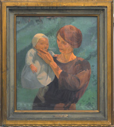 Luci: donna con bambino, figura femminile con bambino (dipinto, opera isolata) di Ronca Benvenuto (sec. XX)