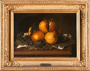 Melograni ed uva*, natura morta con tre melograni e uva (dipinto, opera isolata) di Fiamminghi Giacomo (sec. XIX)