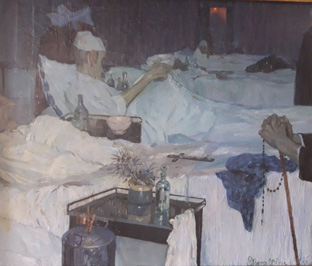 Vecchi ricoverati - Sala d’aspetto [dittico], interno di nosocomio con malati (dipinto, opera isolata) di Beraldini Ettore (sec. XX)