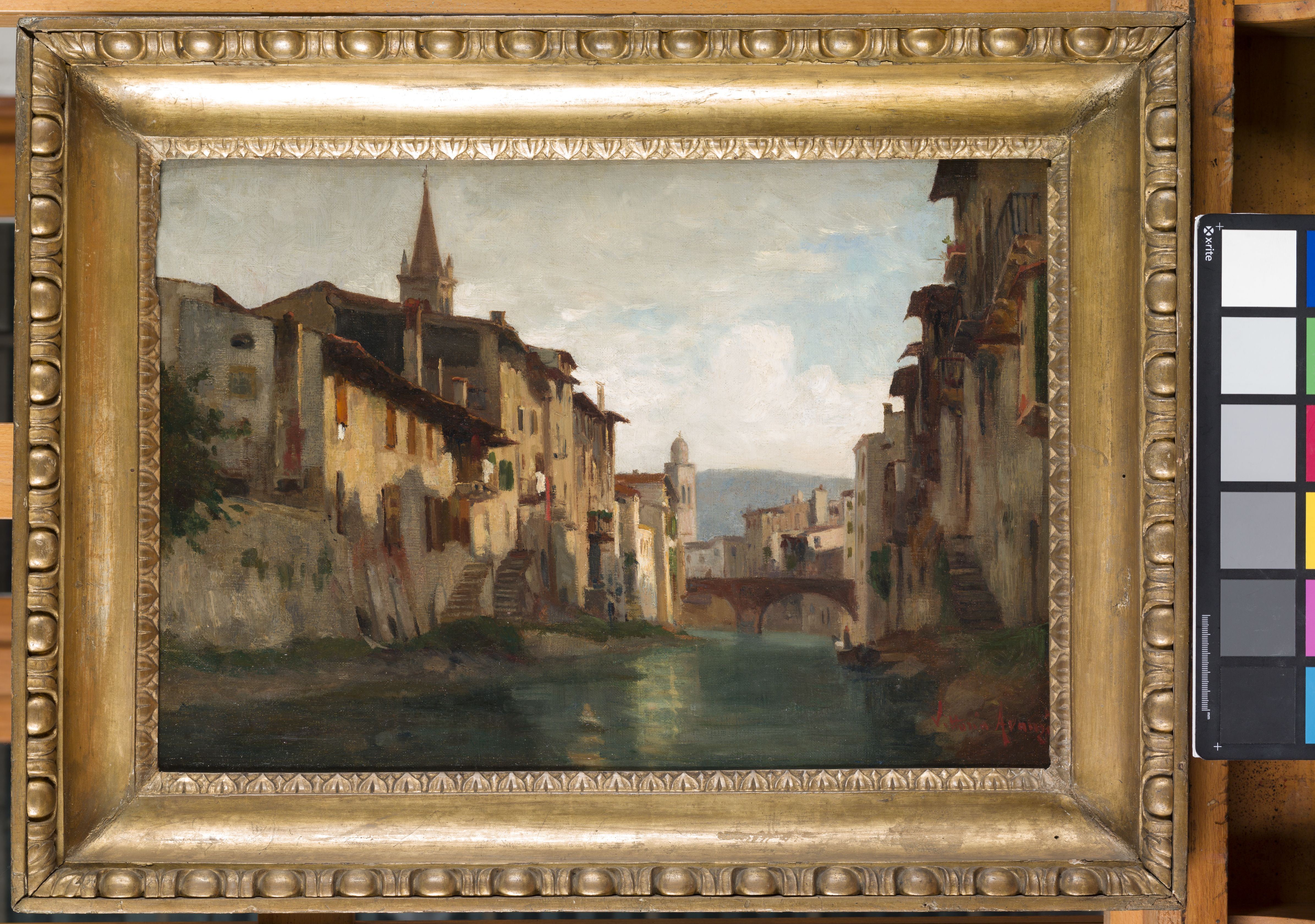 L'Adigetto a Santa Maria in Organo, veduta del canale Adigetto tra case e ponte (dipinto, opera isolata) di Avanzi Vittorio (sec. XIX)