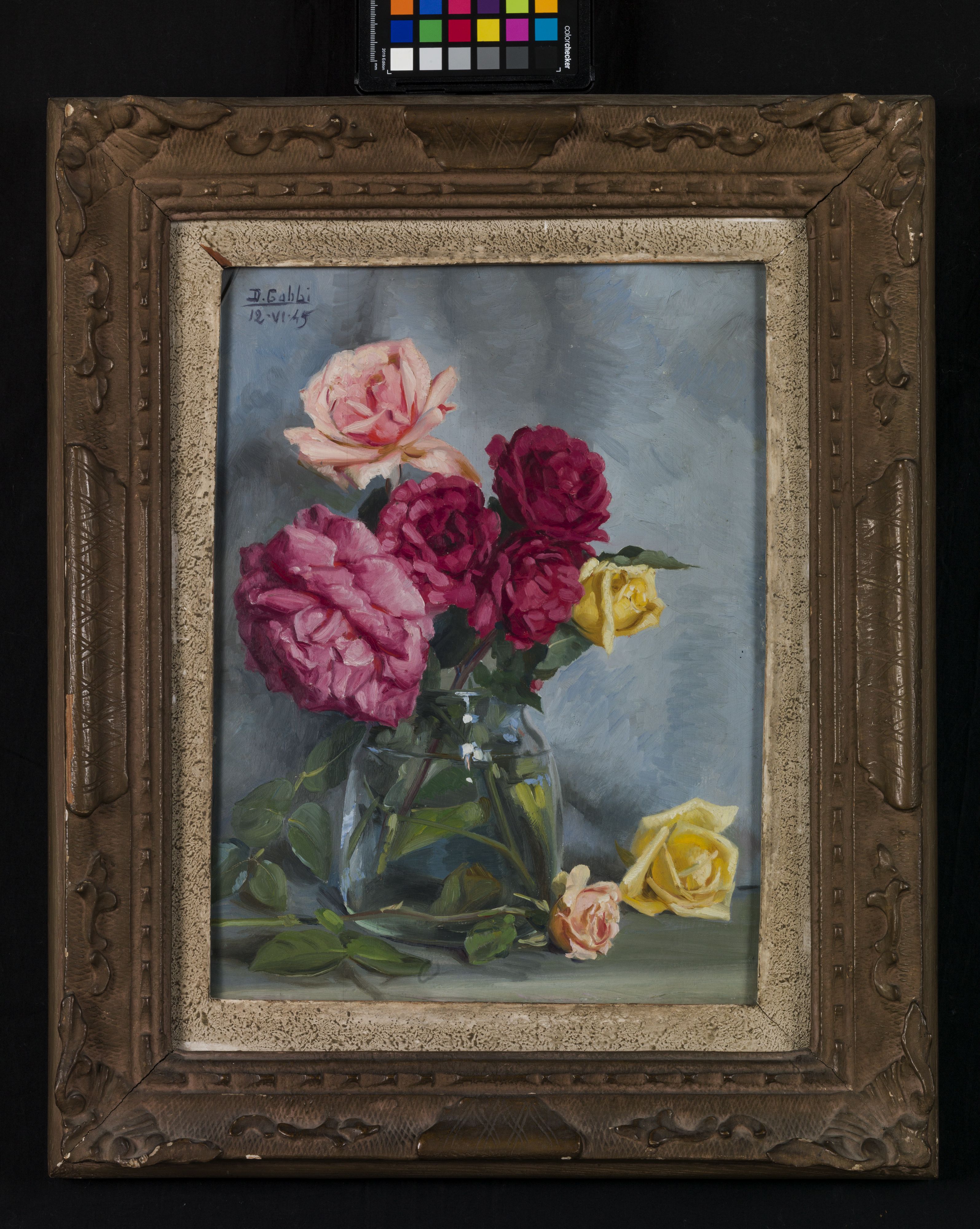 Rose in vaso, natura morta con vaso di rose (dipinto, opera isolata) di Gobbi Dario (sec. XX)
