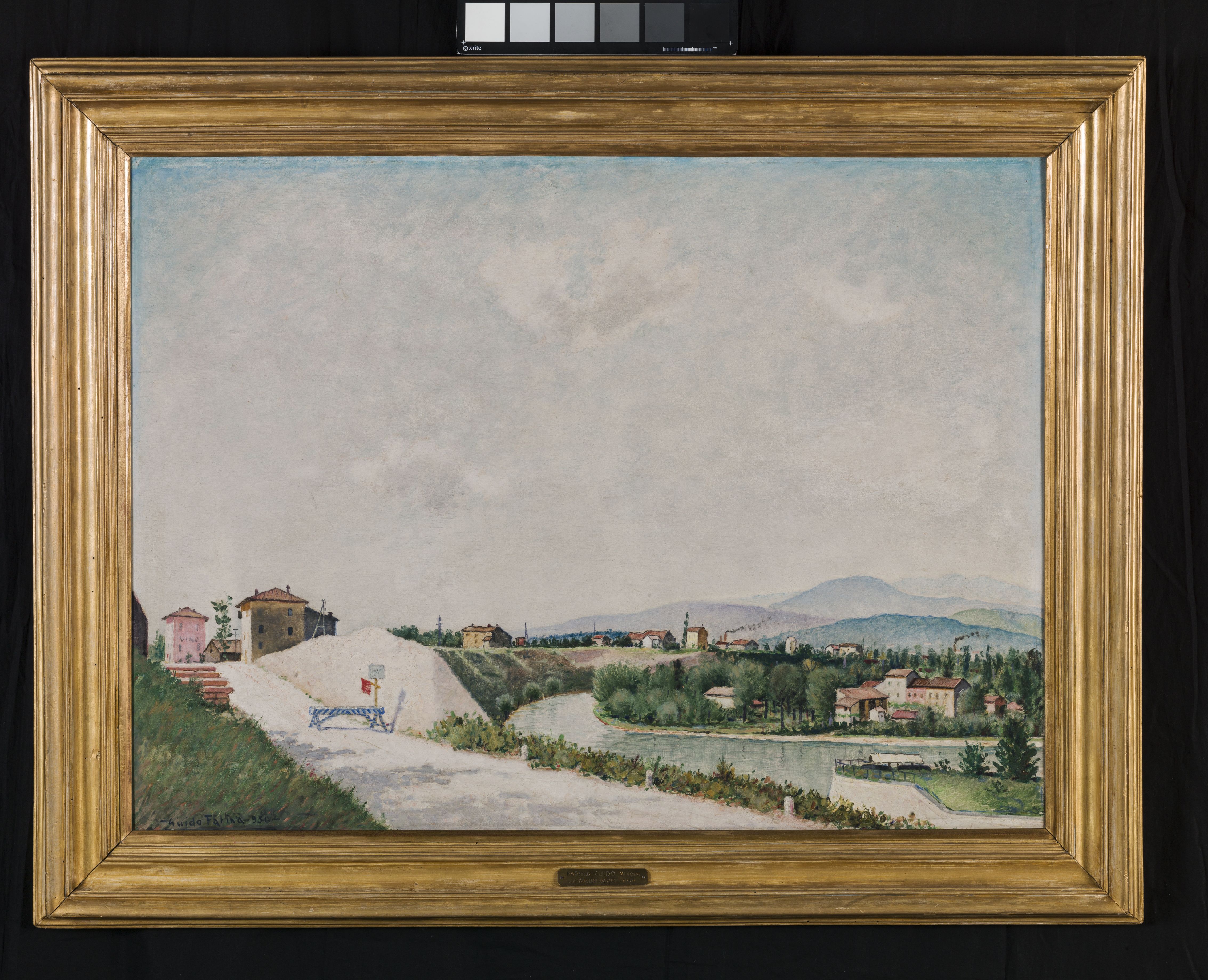 La strada nuova, paesaggio con fiume, case, alberi e strada in costruzione (dipinto, opera isolata) di Farina Guido (sec. XX)