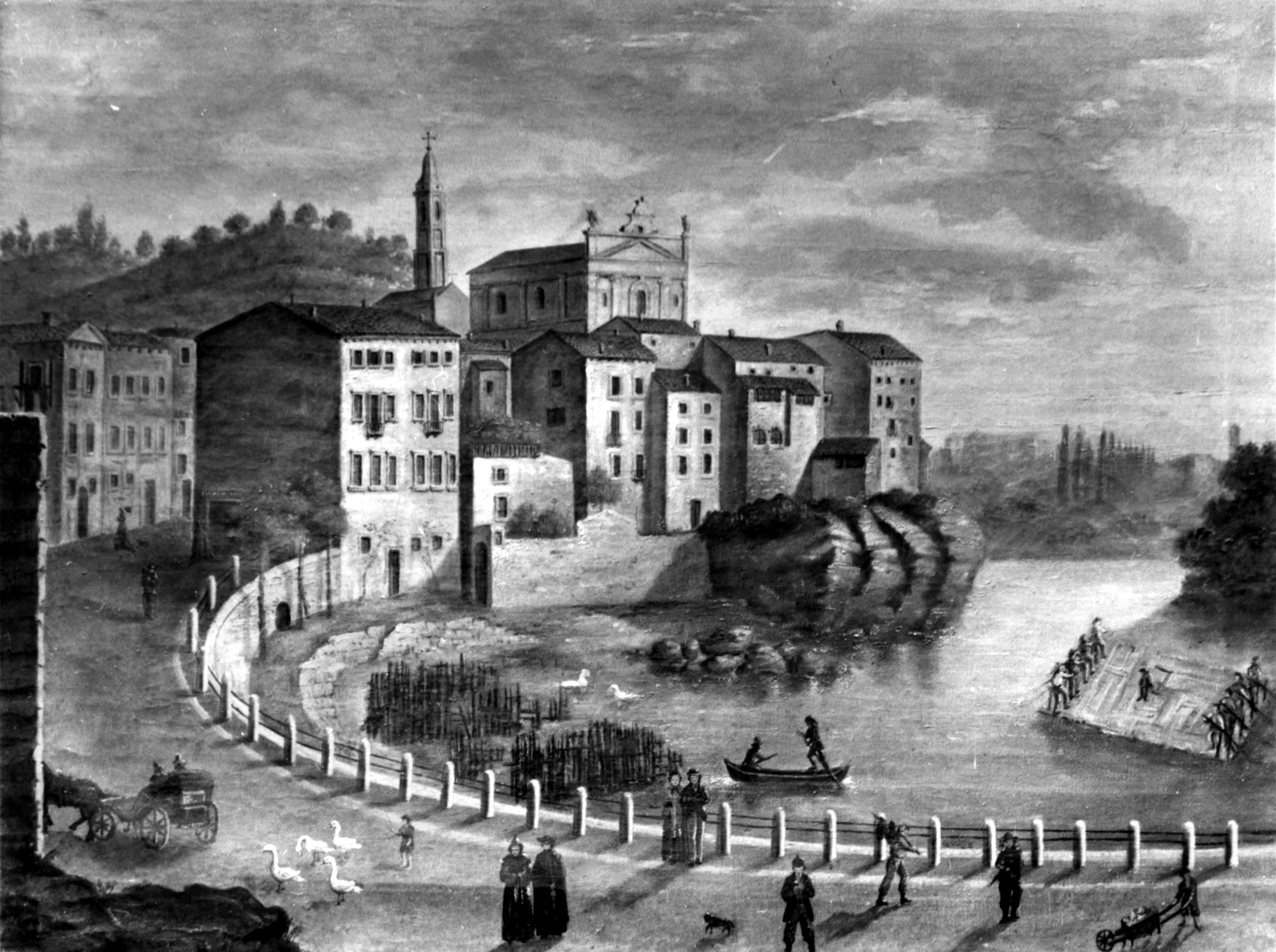 L'Adige a Parona, veduta dell'ansa di fiume con strada, figure, animali e paese (dipinto, opera isolata) di autore ignoto - ambito veneto (sec. XIX)