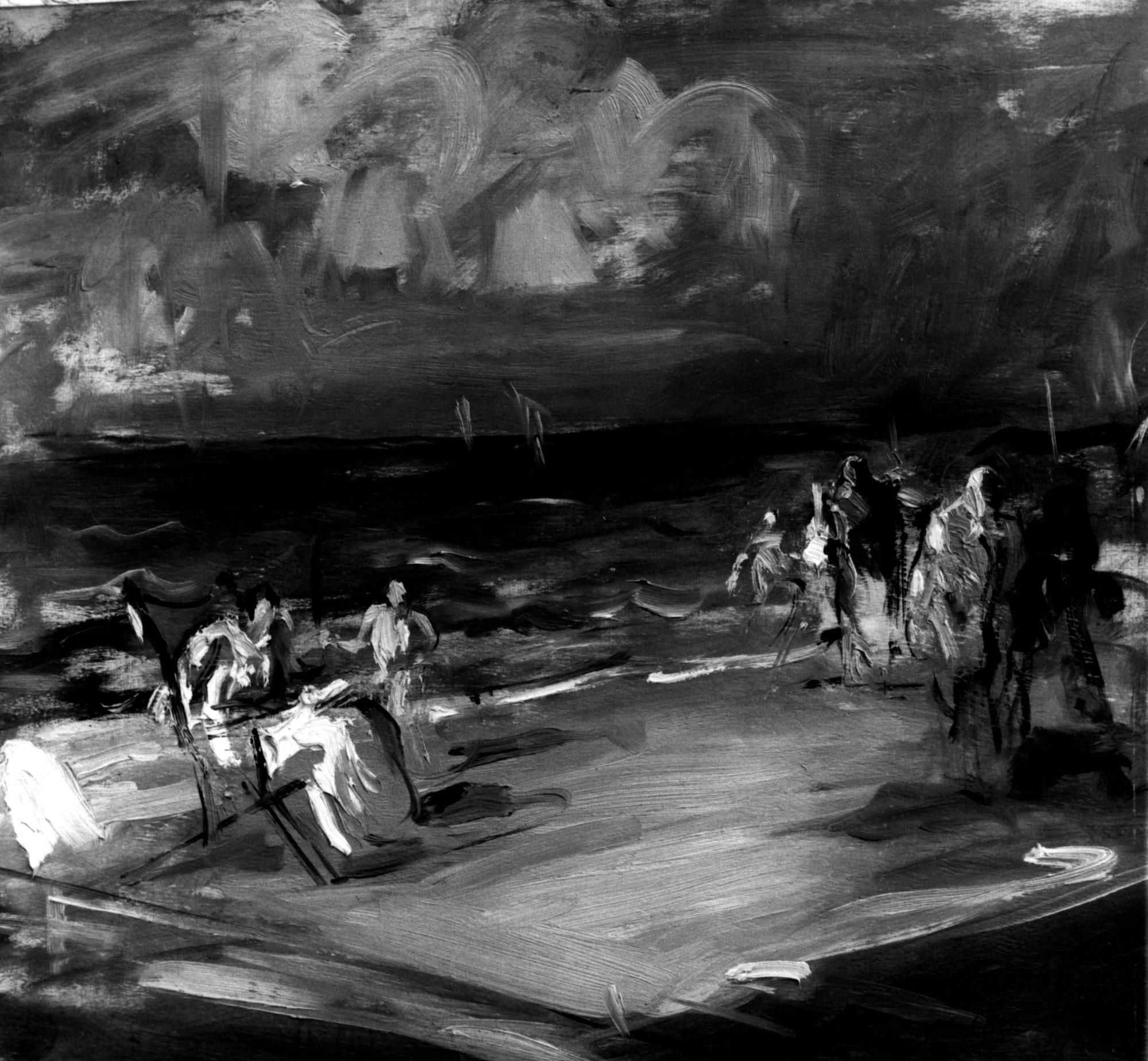 Sulla spiaggia, paesaggio marino con bagnanti sulla spiaggia (dipinto, opera isolata) di Coccon Marcello (sec. XX)