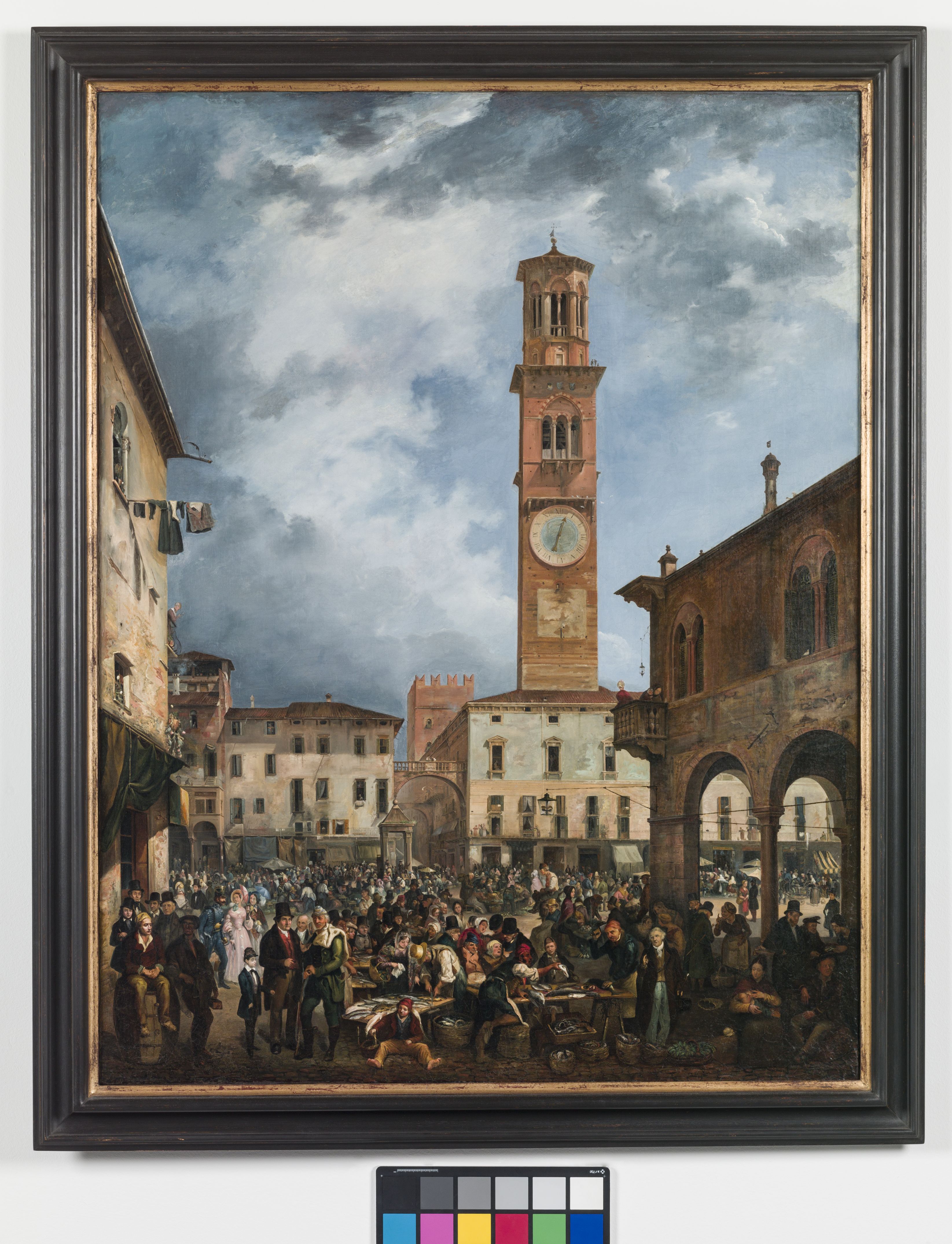 Piazza Erbe, veduta di piazza delle Erbe a verona (dipinto, opera isolata) di Ferrari Carlo detto Ferrarin (sec. XIX)