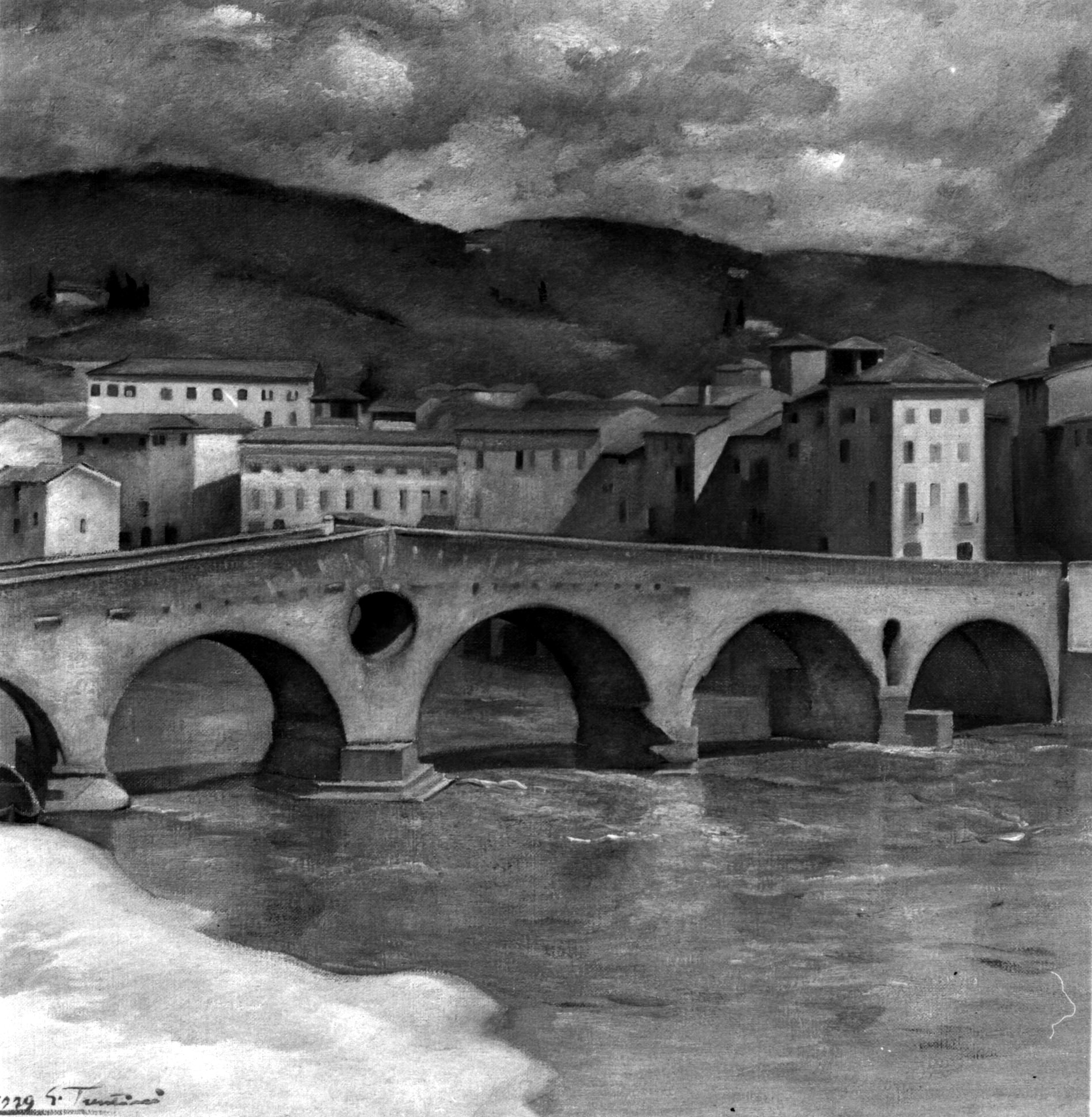 Ponte Pietra a Verona, veduta ponte Pietra di Verona (dipinto, opera isolata) di Trentini Guido (sec. XX)