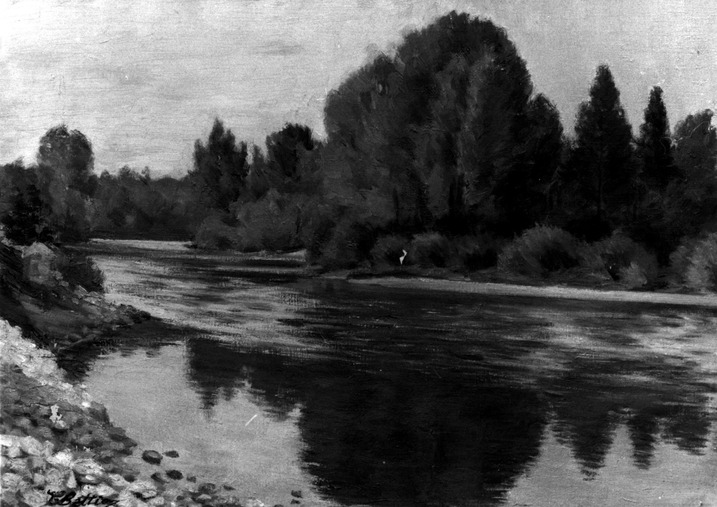 Oasi di pace sul Ticino, paesaggio con fiume e alberi (dipinto, opera isolata) di Bettio Clotilde (sec. XIX)