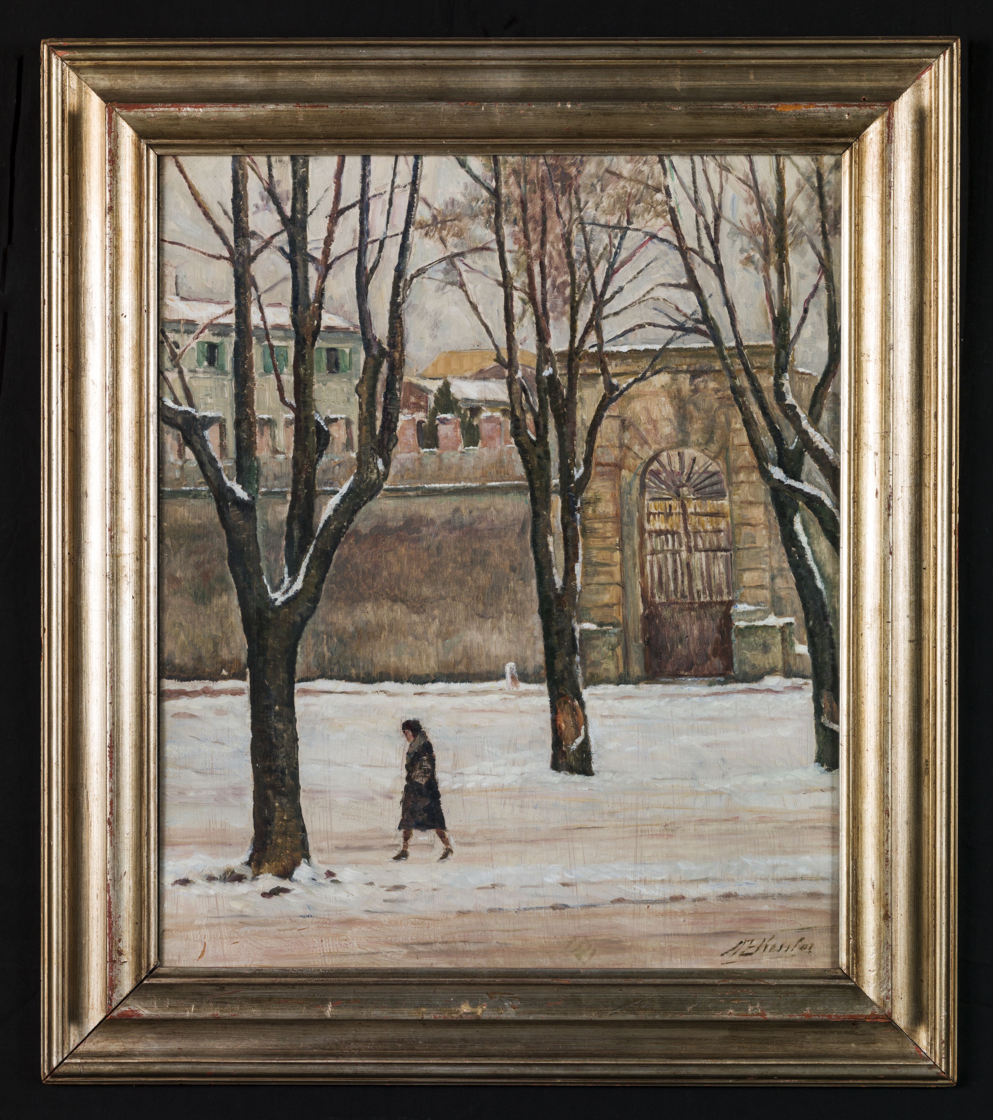Giorno di neve, veduta di strada innevata con donna, alberi e villa (dipinto, opera isolata) di Kessler Aldo Ettore (sec. XX)