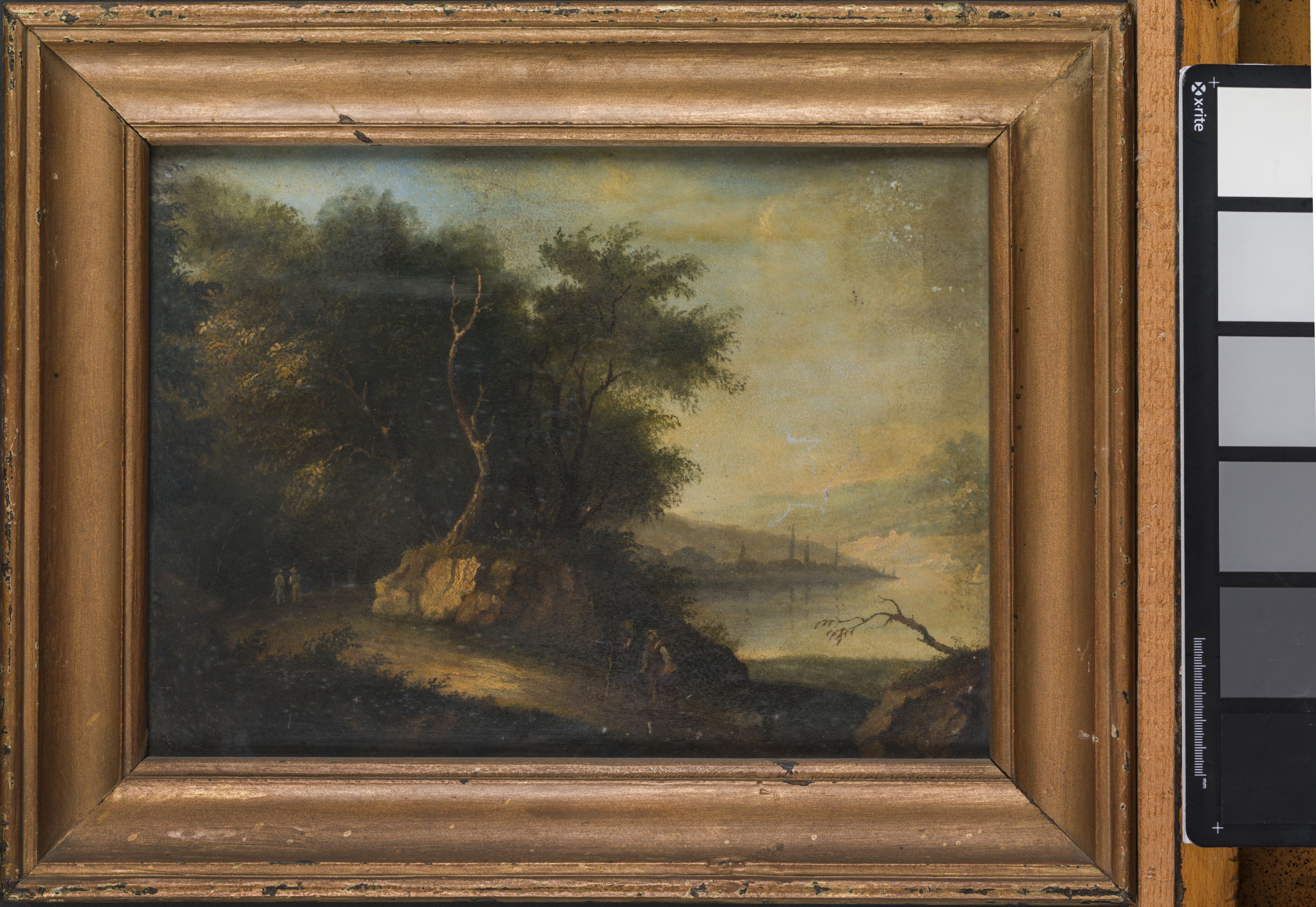 Paesaggio, paesaggio con contadini, alberi, lago e colline (dipinto, opera isolata) di Gottardi don Angelo (attribuito) (sec. XIX)