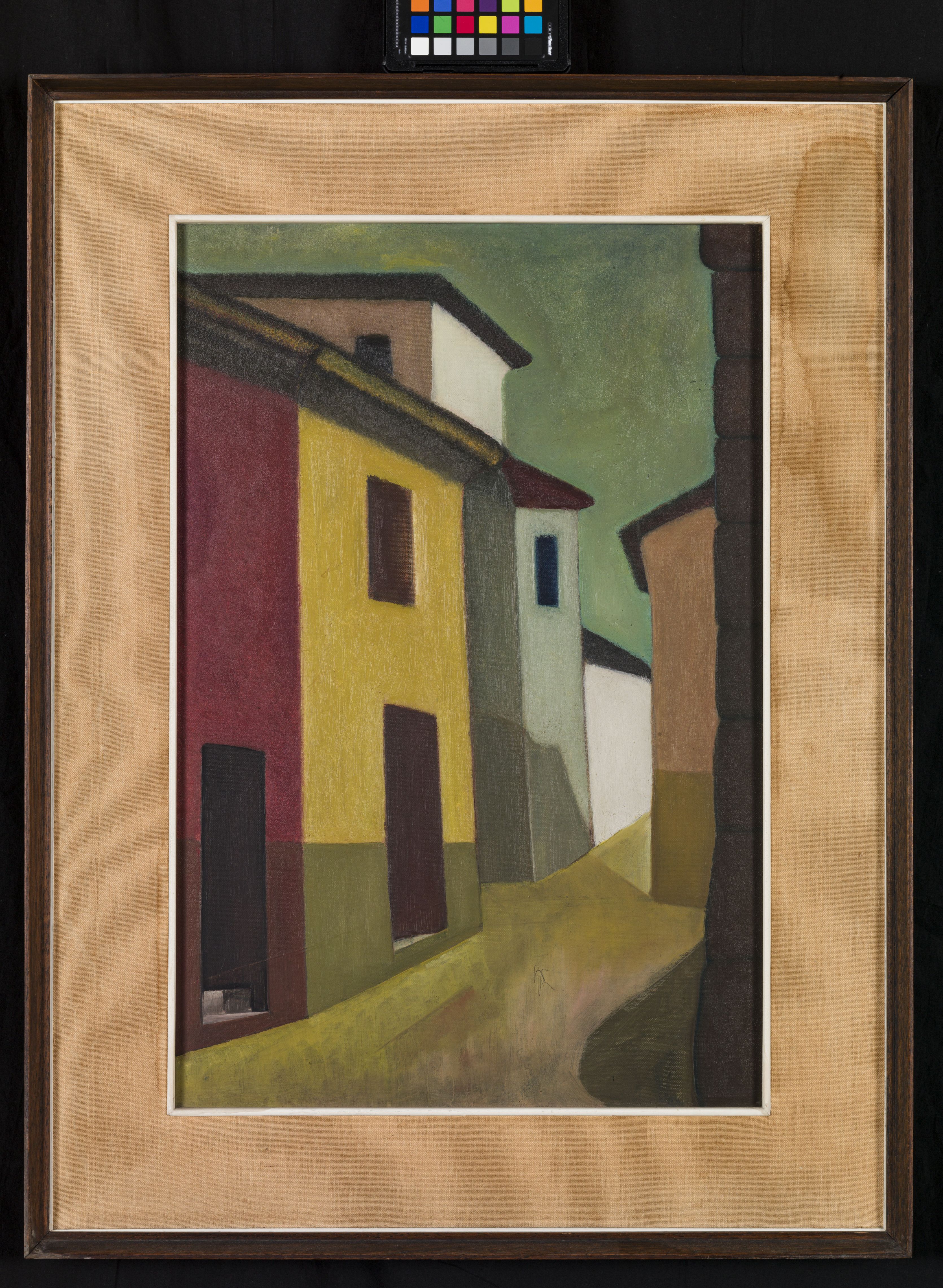 Calle spagnola, veduta di strada con case (dipinto, opera isolata) di Roncari Rolando (sec. XX)