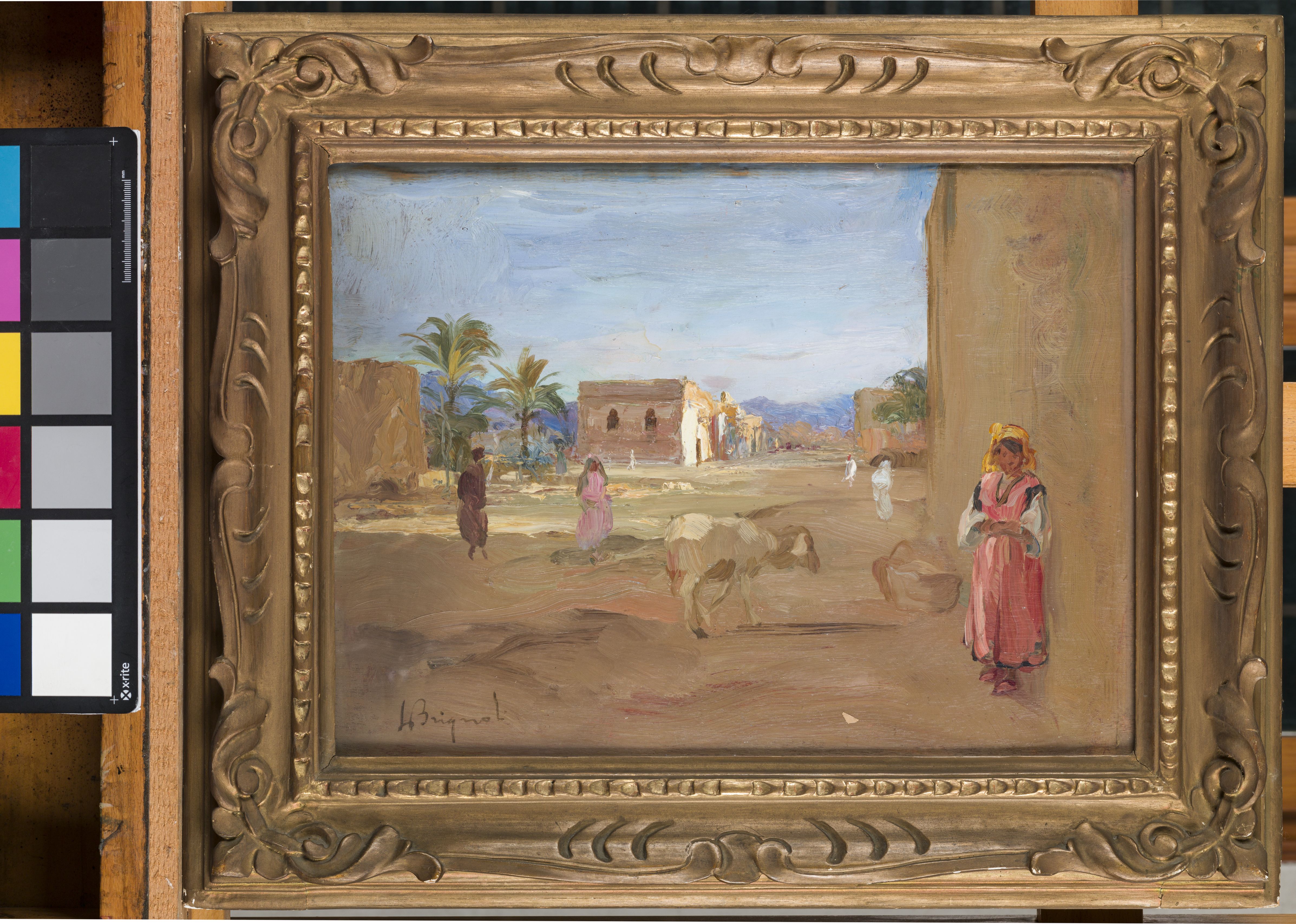 Paesaggio algerino, veduta di paese africano con figure e una capra (dipinto, opera isolata) di Brignoli Luigi (sec. XX)