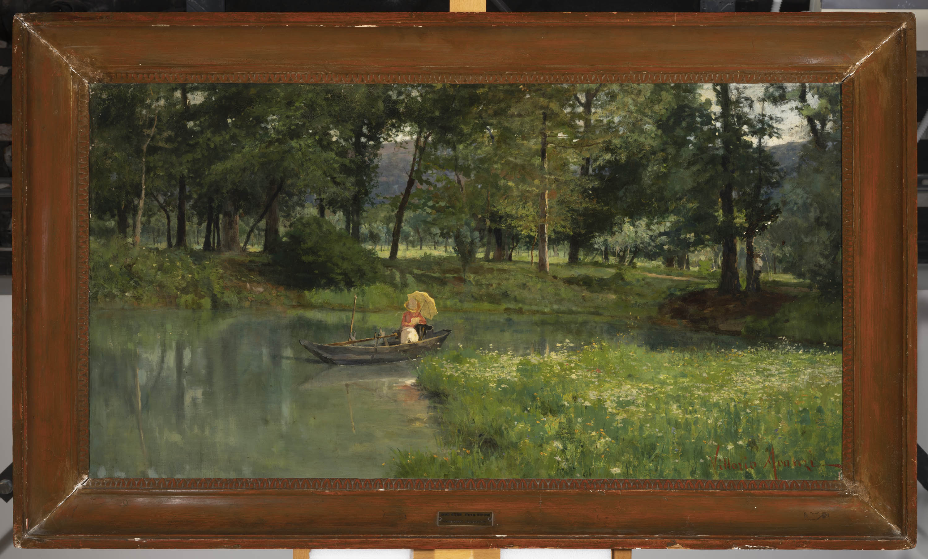 Conforti campestri, paesaggio con alberi, laghetto e barca (dipinto, opera isolata) di Avanzi Vittorio (sec. XIX)