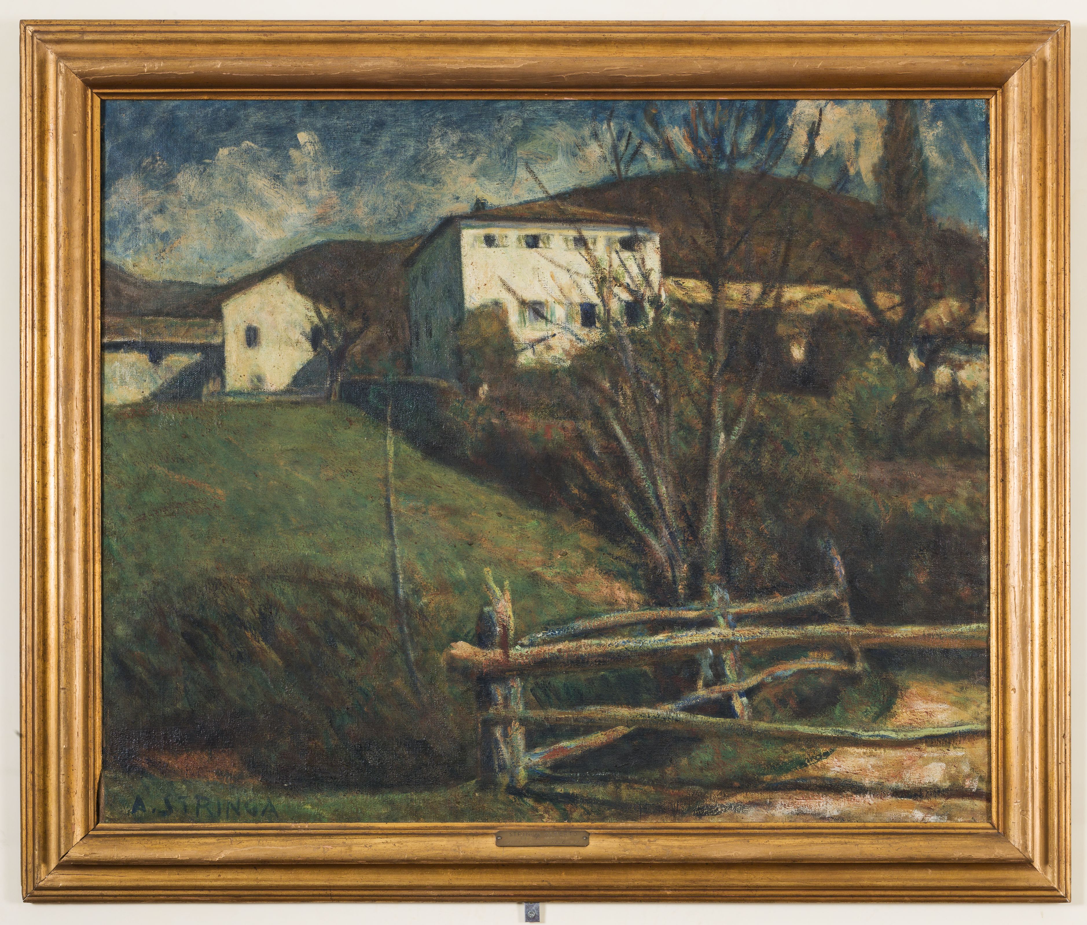 Prima primavera - Caprino Veronese, paesaggio montano con case (dipinto, opera isolata) di Stringa Alberto (sec. XX)