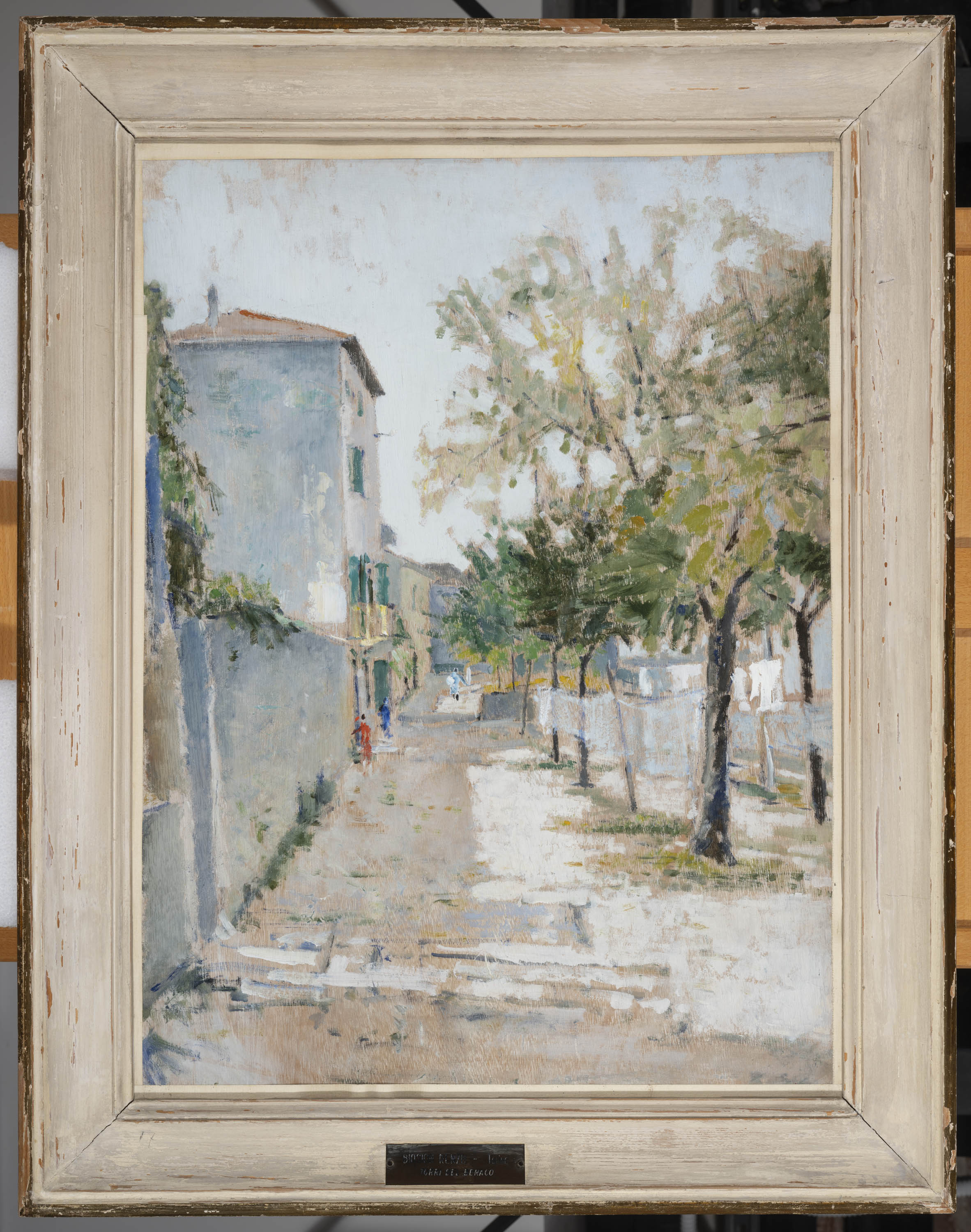 Torri del Benaco, veduta di strada di paese con case e alberi (dipinto, opera isolata) di Biasion Renzo (sec. XX)