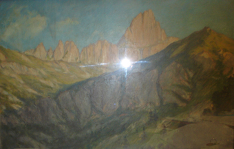 Il pizzo Campanile, veduta di montagne dolomitiche (dipinto, opera isolata) di Binaghi Luigi (sec. XX)