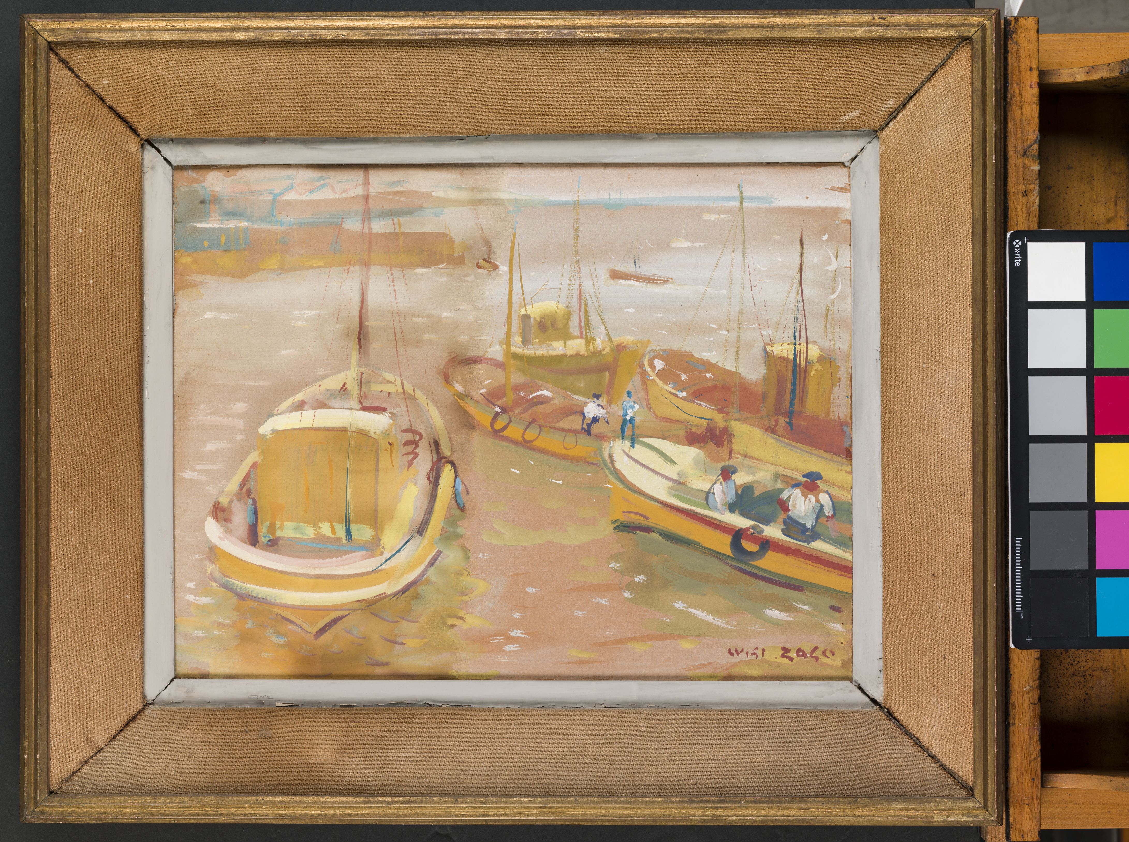 Nel porto a Mar del Plata, paesaggio marino con porto e barche e pescatori (dipinto, opera isolata) di Zago Luigi (sec. XX)