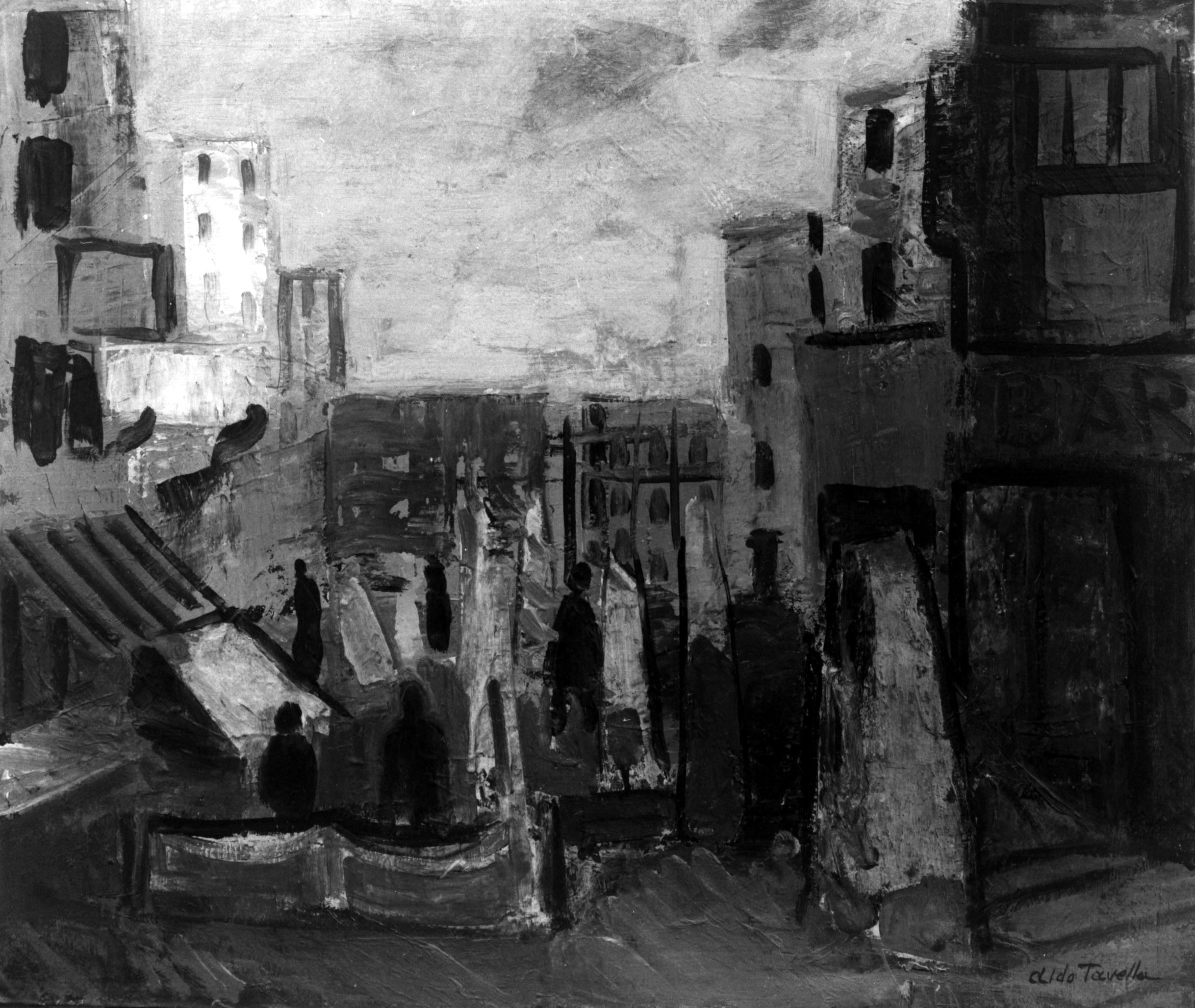Dopo il mercato, veduta di piazzale con bancarelle (dipinto, opera isolata) di Tavella Aldo (sec. XX)