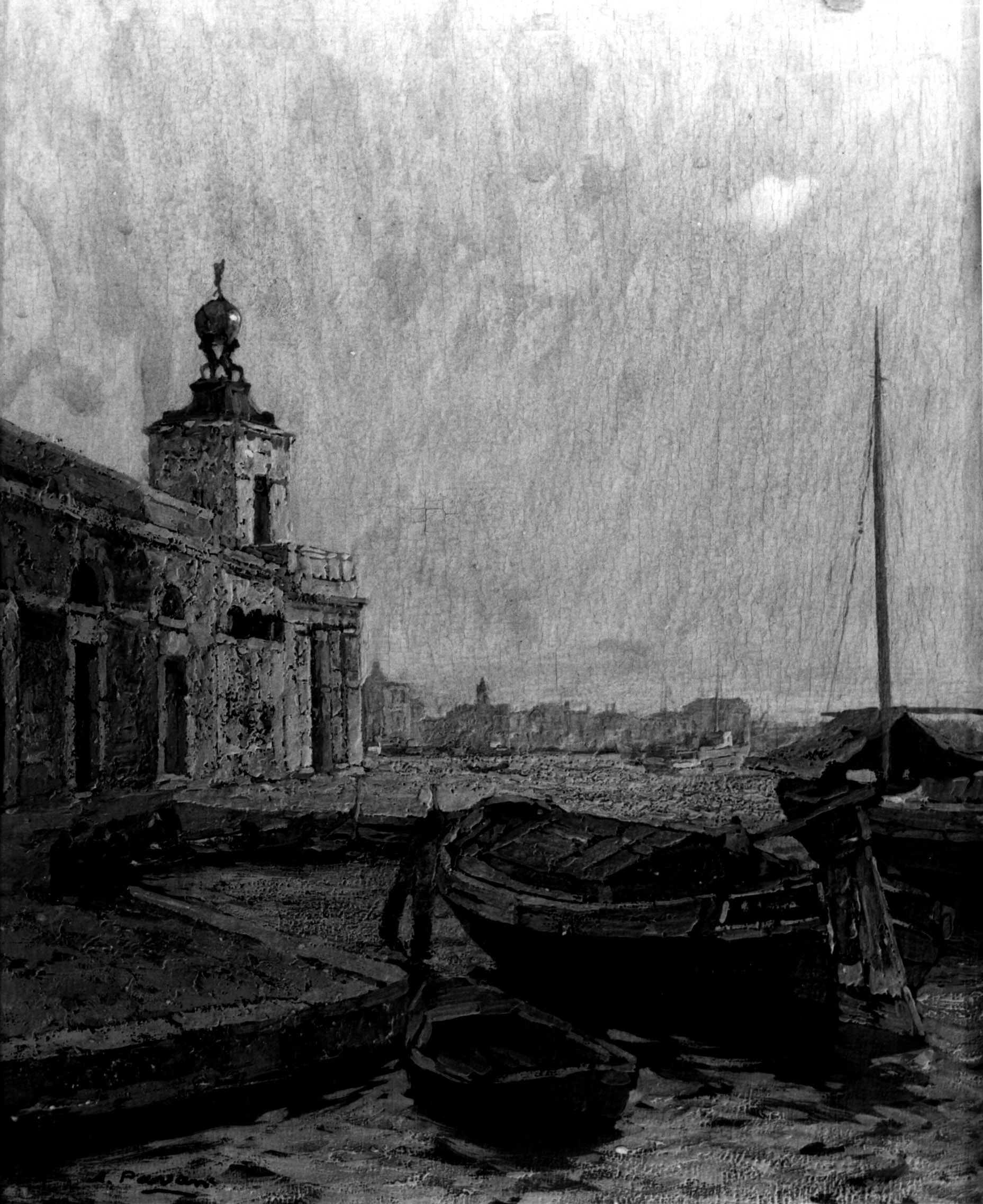 La dogana a Venezia, veduta della Dogana con barche a Venezia (dipinto, opera isolata) di Pavan Angelo (sec. XX)