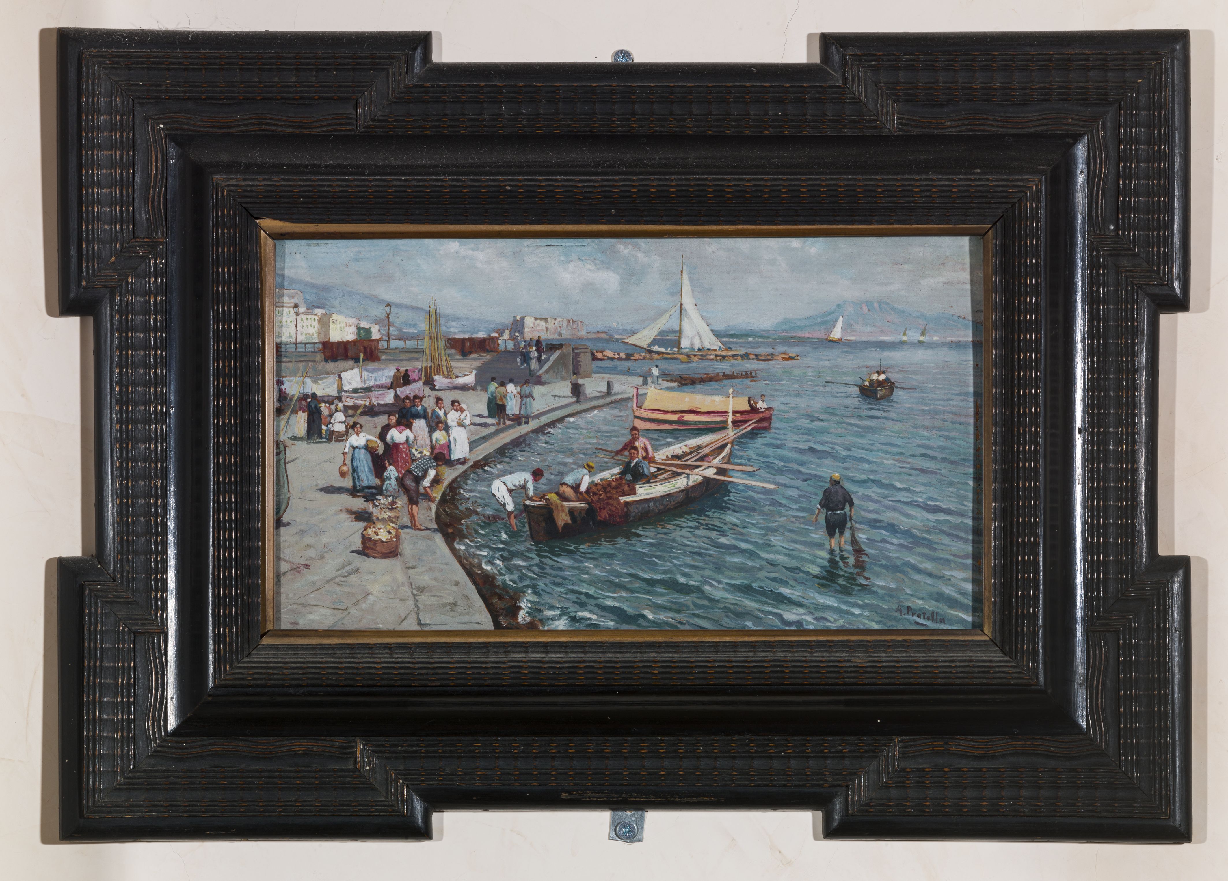 Paesaggio di Via Caracciolo, paesaggio marino con persone sul molo e barche (dipinto, opera isolata) di Pratella Attilio (sec. XIX)
